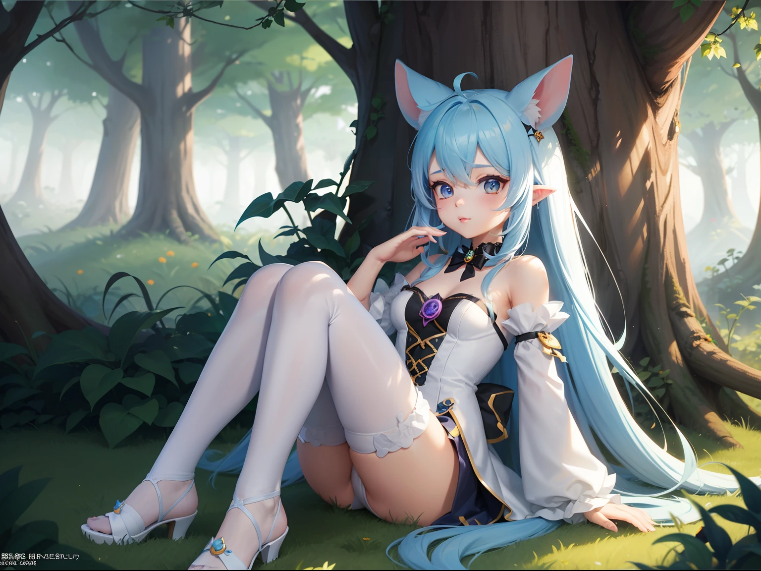 In the Halloween Forest、There is a small white rabbit with long ears, White long ears、I'm with a pretty girl with long blue hair。It is a cute and sexy outfit in white and blue and yellow。White panty Dark eyes。cute forest creature, Cute mushrooms also grow、Everyone is celebrating Halloween Adorable Digital Painting, cute detailed digital art, the squirrel king, Cute digital art, cute cartoon characters, cute character, CuteCreatures, Cutie, official illustrations, Official art, squirrel, maplestory mouse, astri lohne, cute 3d render