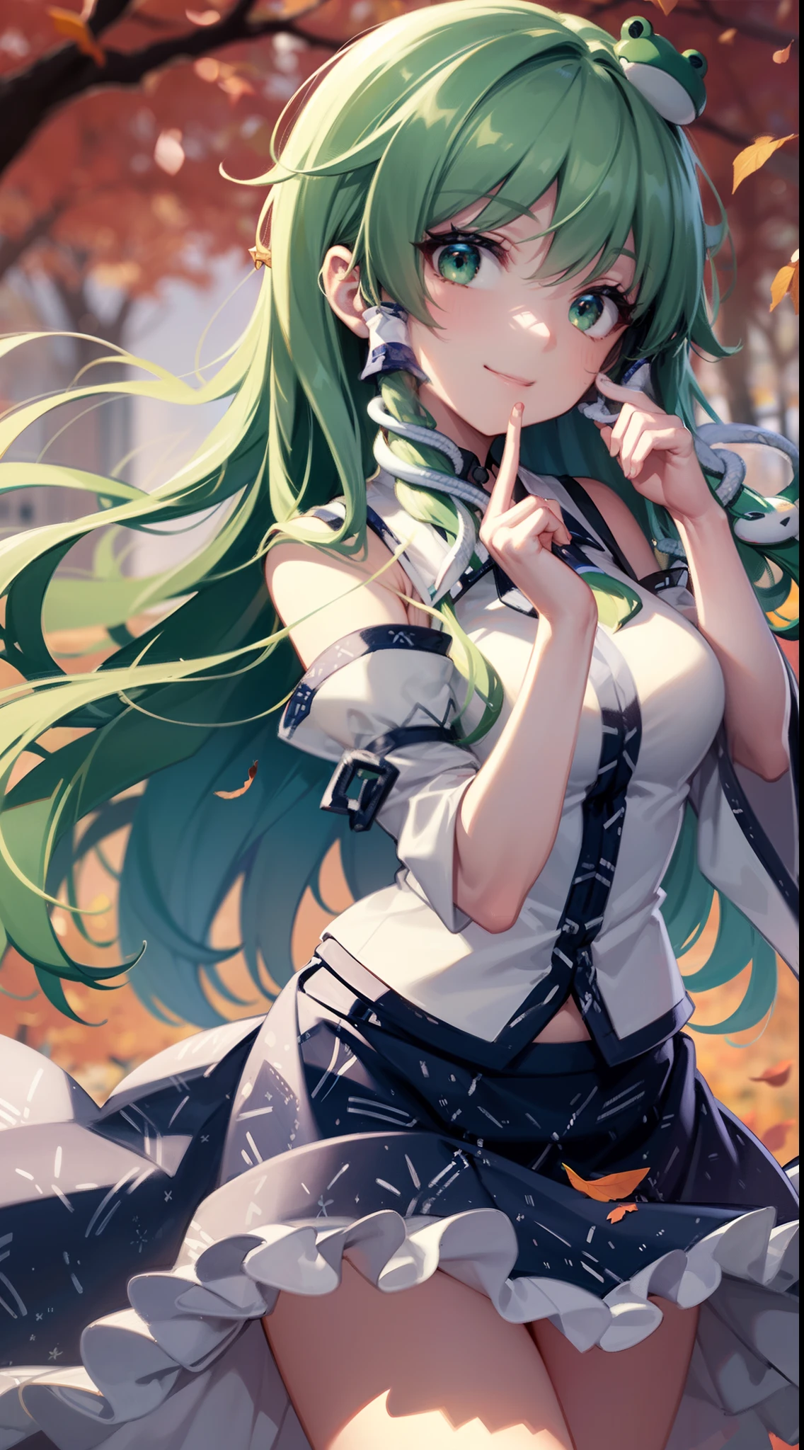 Best Quality,Ultra-detailed,Unity 8k壁纸,extremely details CG,super detailed skin,Detailed,Dynamic lighting,Beautiful detailed eyes,kochiya sanae,happy Smile,Green long hair,Green eyes,frog hair ornament, hair tubes,snake,Detached sleeves,Shirt,Long skirt,autumn leaves,stylish pose,finger to mouth,head tilt