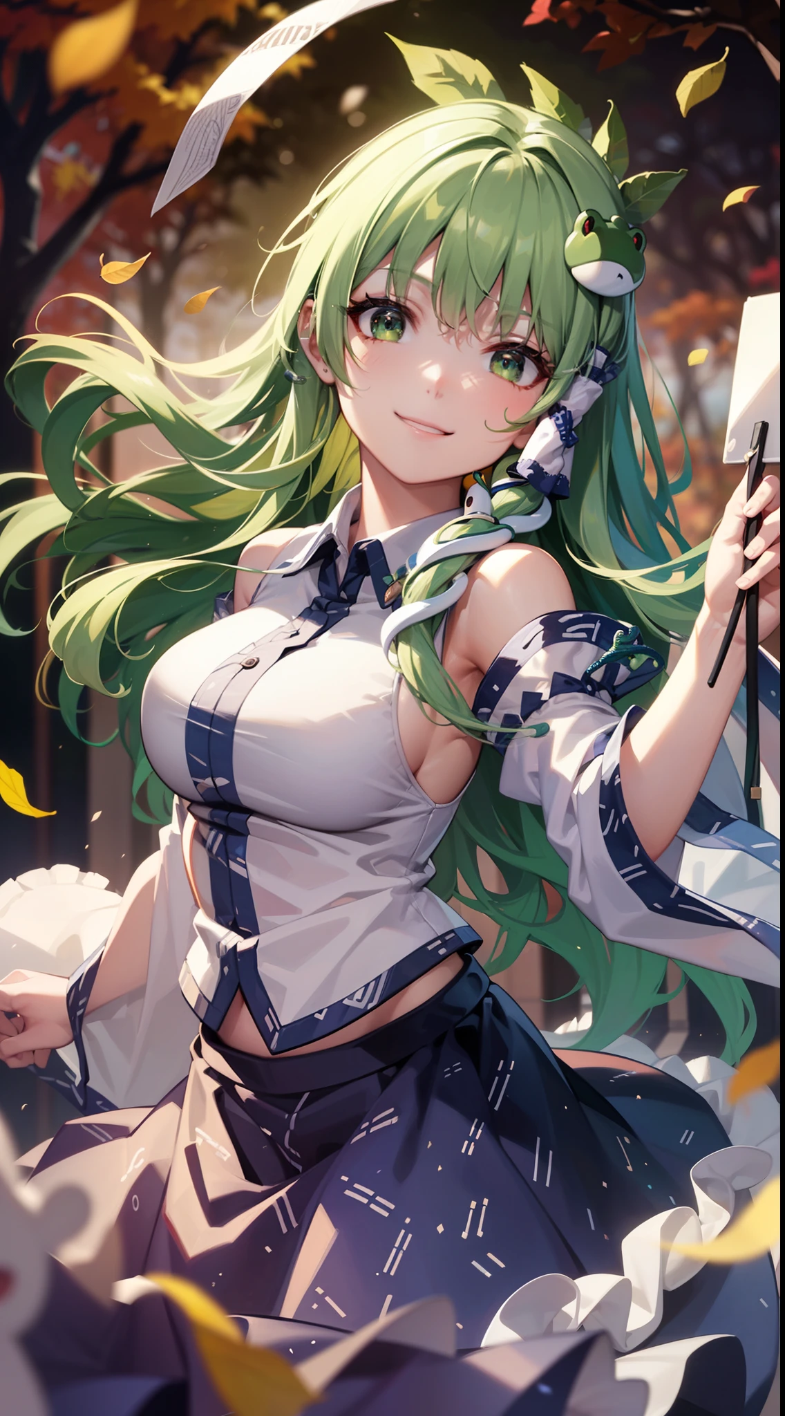 Best Quality,Ultra-detailed,Unity 8k壁纸,extremely details CG,super detailed skin,Detailed,Dynamic lighting,Beautiful detailed eyes,kochiya sanae,happy Smile,Green long hair,Green eyes,frog hair ornament, hair tubes,snake,Detached sleeves,Shirt,Long skirt,autumn leaves,dynamic pose,