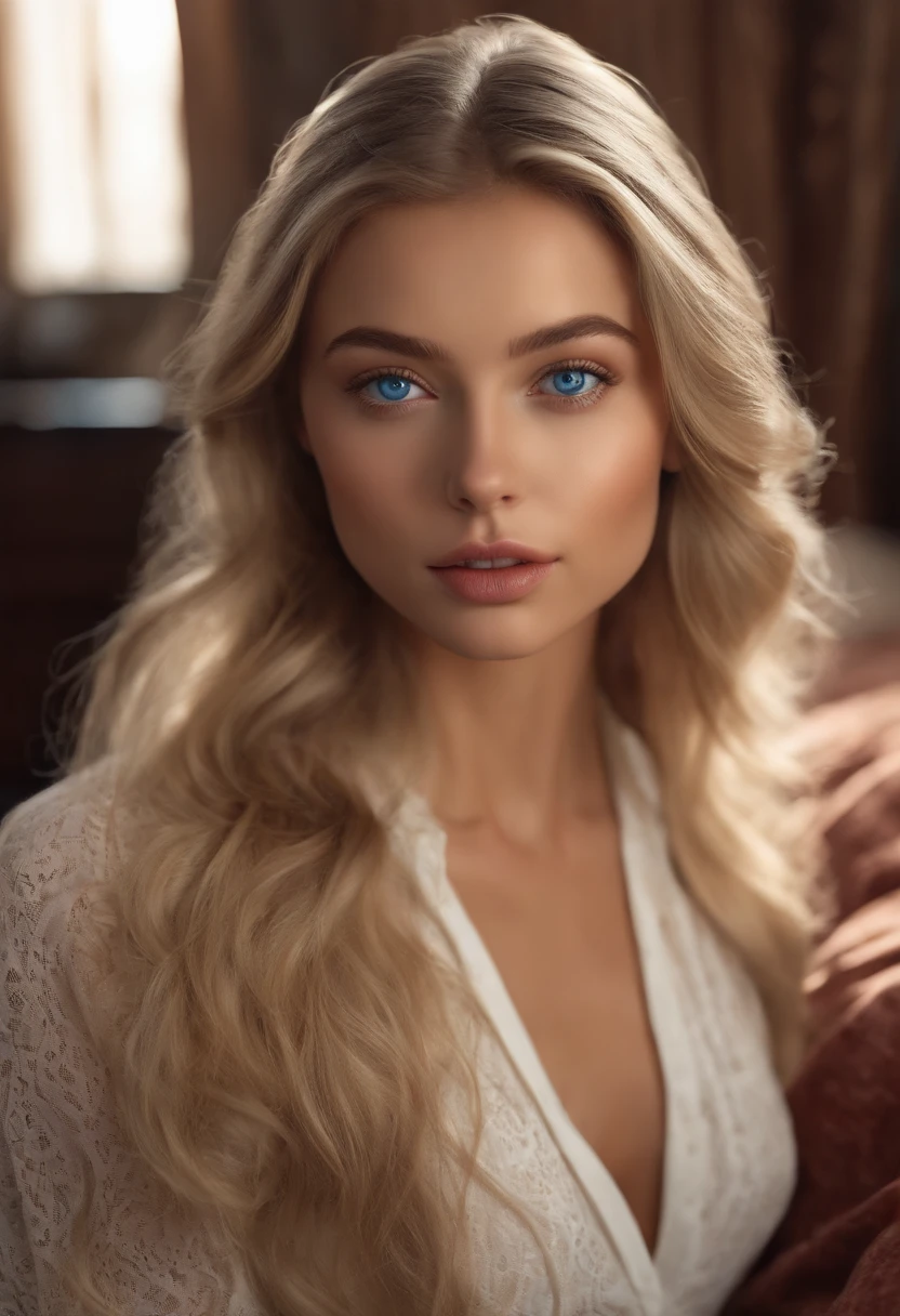 Arafed Woman in full, Stunning girl with blue eyes, Ultra-realistic, meticulously detailed, Portrait of Sophie Mudd, blonde hair and large eyes, Selfie of a young woman, Bedroom eyes, Violeta Myers, no makeup, Natural makeup, looking directly into the camera, Face with Artgram, Subtle makeup, Stunning full-body photo kneeling on the bed, In the bedroom, medium to large bust.