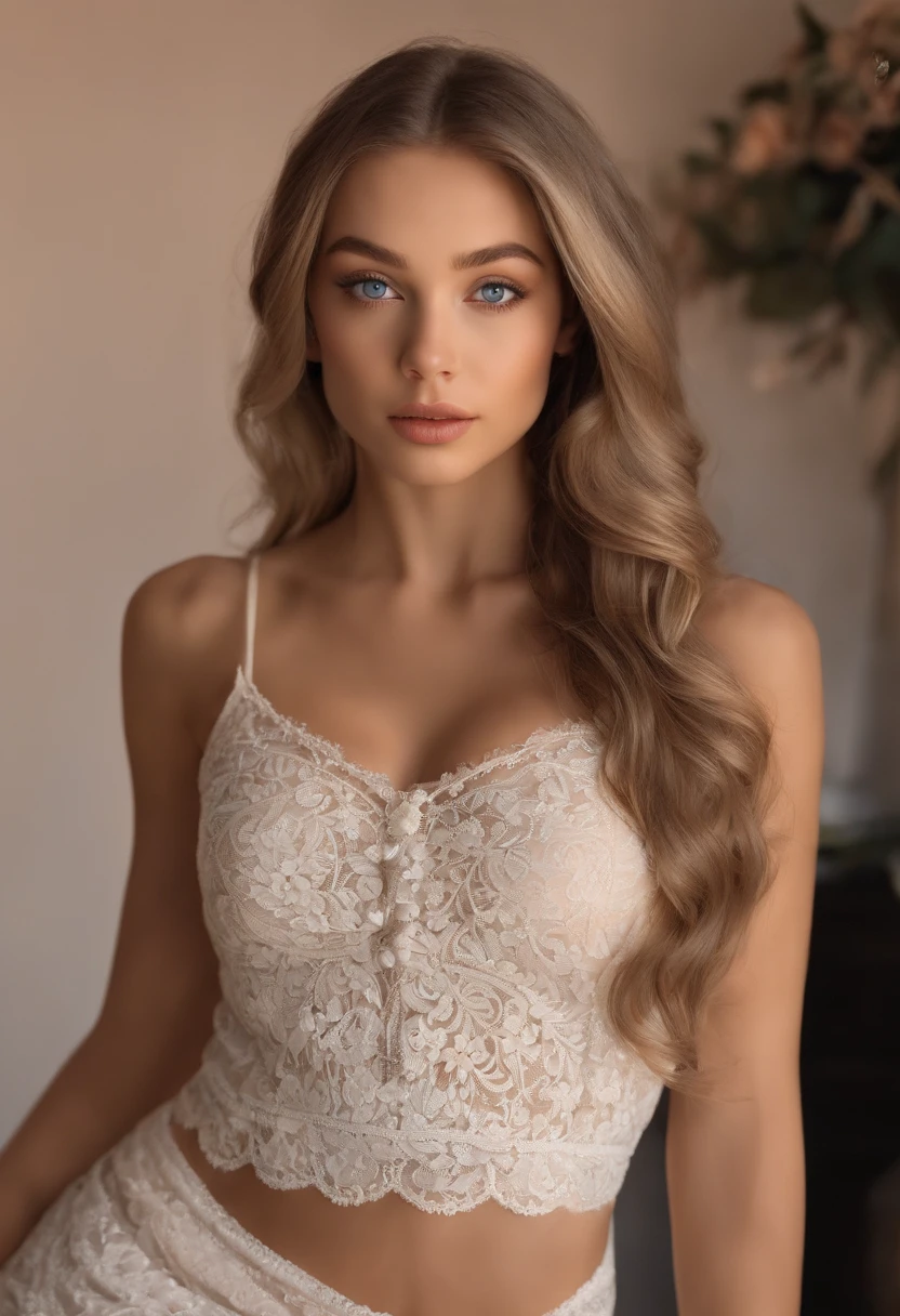 Woman in lace panties and white vest,Big and perfect figure， Sexy girl with blue eyes, portrait sophie mudd, Portrait of Corinna Kopf, blonde hair and large eyes, Selfie of a young woman, Eyes in the bedroom, Violet Myers, Orn makeup, Natural makeup, look straight at the camera, face with artgram, dezentes Make-up, Stunning full-body shots, in a  bedroom, fission