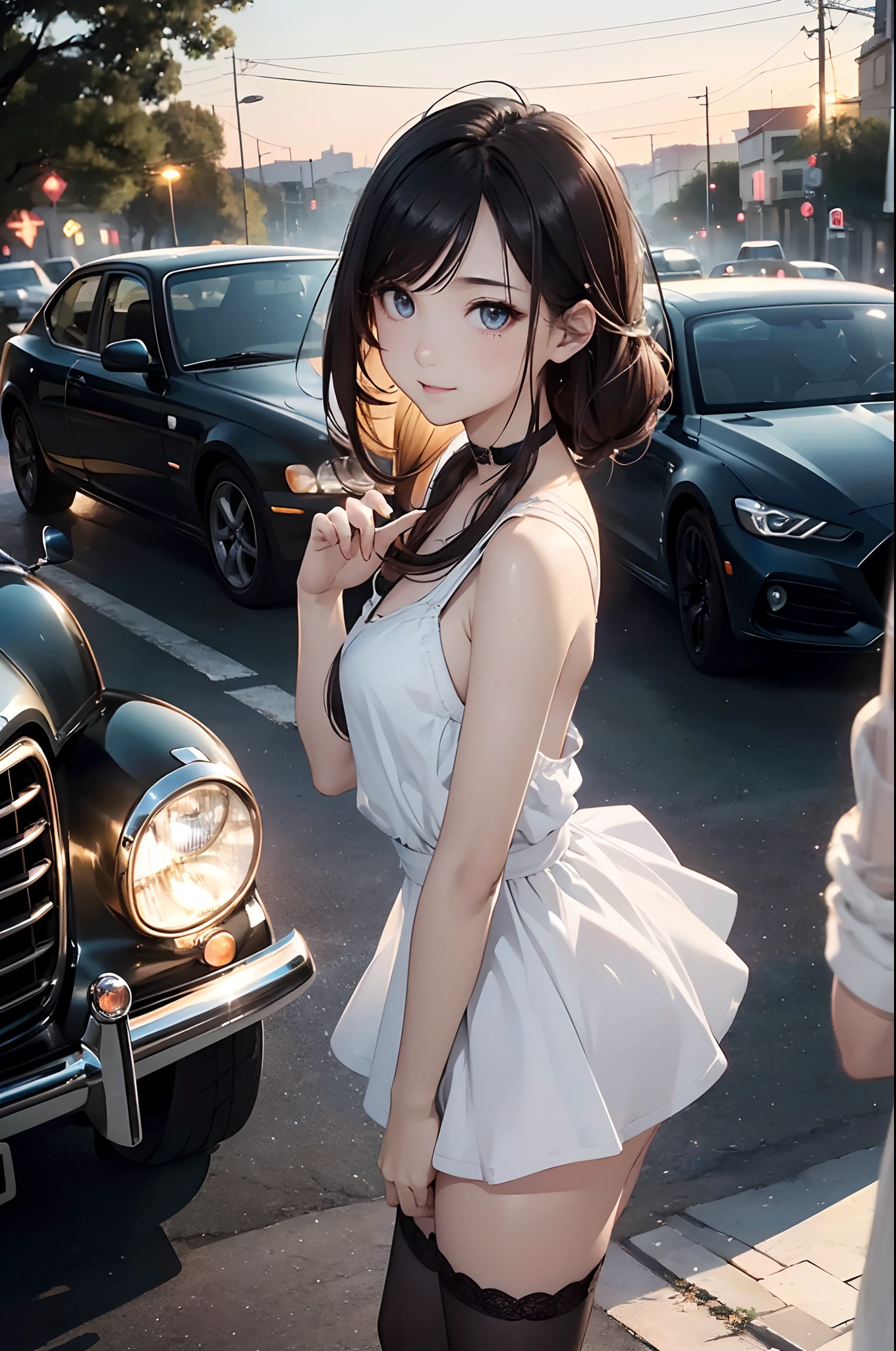 (Official art、Best Quality、Unity 8k Wallpapers、32K、​masterpiece、ultra-detailliert、超A high resolution、realisitic、Photorealsitic:1.2)、(Cinematic lighting:1.2)、Fireglow effect、film grains、Best Shadows、Rim lighting、side lights、sideshot、(Ultra-detailed and complex 3D rendering)、Detailed beautiful face and eyes、A slender、Medium bust、(Full body:1.2)、 Highly detailed background、beauitful face、blurry backround、-yeld beiful girl、(super detailed skin、detailed skin textures:1.3)、chestnut bristles、Brown-eyed、Hip Hop Cable、off shoulders、jumper skirt、Black stockings、(thighs thighs thighs thighs:0.8)、Knitted sandals、City at night、Open your mouth and smile gently、a choker、dynamicposes、(Classic car on woman background、Woman illuminated by headlights:1.2)