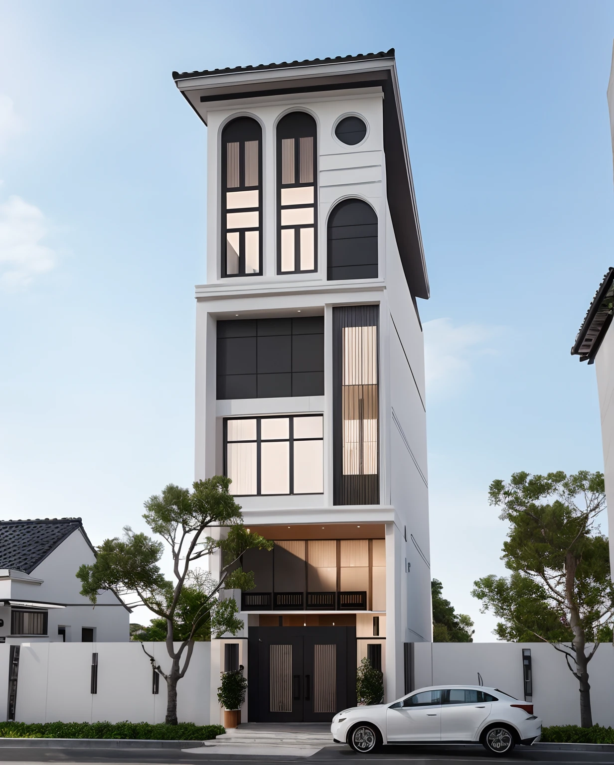 RAW photo,Masterpiece, high quality, best quality, authentic, super detail,
exterior, outdoors, house style modern on the street ,( white painted wall:1.1), (black brick wall:0.9), glass windows,trees, beautiful sky,
minimalist modern lines,
(day:1.1), vivid colour, vray,
Japanese style gate tile roof. clear winding details