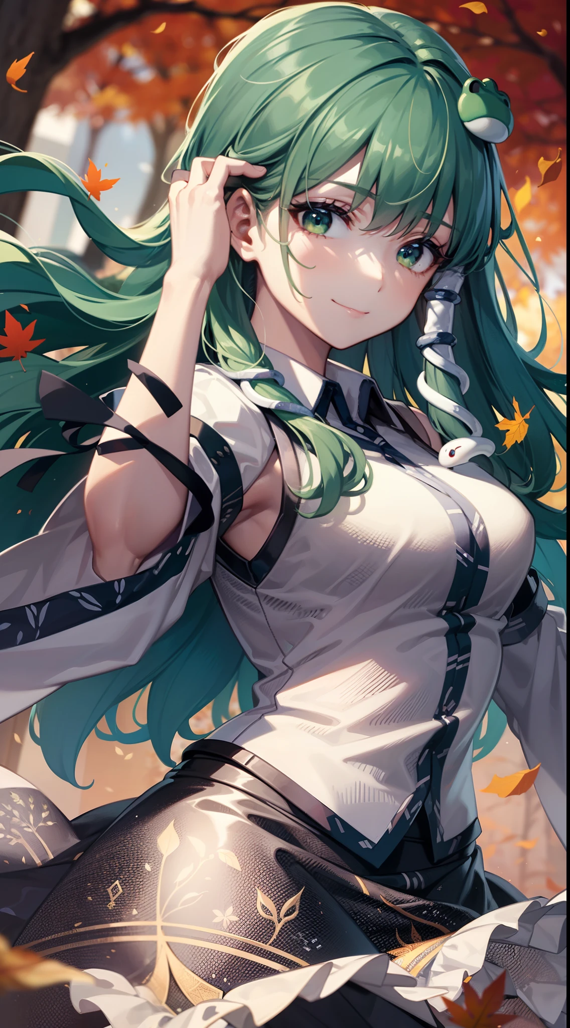 Best Quality,Ultra-detailed,Unity 8k壁纸,extremely details CG,super detailed skin,Detailed,Dynamic lighting,Beautiful detailed eyes,kochiya sanae,happy Smile,Green long hair,Green eyes,frog hair ornament, hair tubes,snake,Detached sleeves,Shirt,Long skirt,autumn leaves,stylish pose,finger to mouth,head tilt