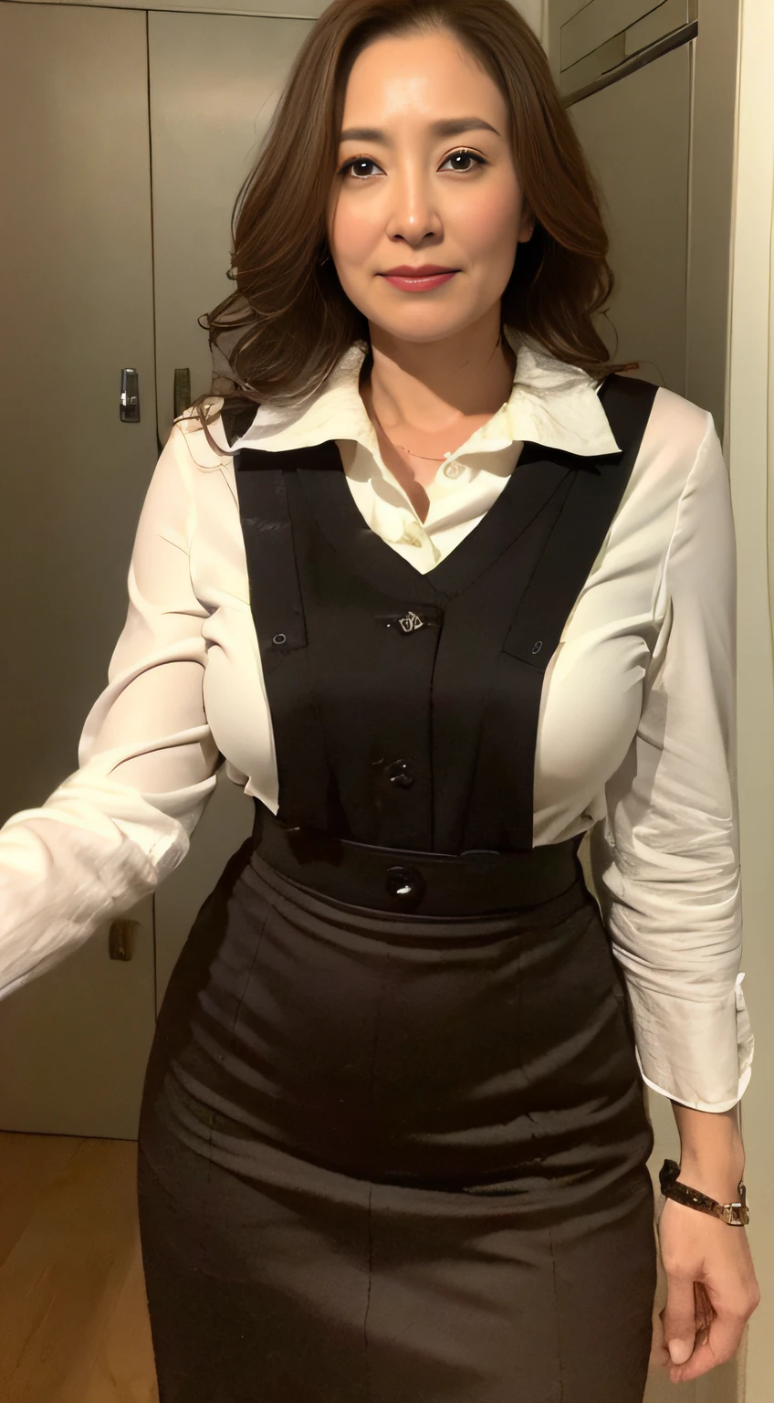 ((midynight, Need, 8K, tmasterpiece:1.3)), full bodyesbian, Long legs, Focalors:1.2, perfect figure beautiful woman:1.4, ((Dark brown hair)), (suspender skirt, standing on your feet:1.2), ((sobu)), Highly detailed facial and skin texture, A detailed eye, 二重まぶた,Beauty,Wavy hair, Wrinkles at the corners of the eyes, to emphasize, ,(Big breasted 1.2),aged 40, Wrinkled eyes,