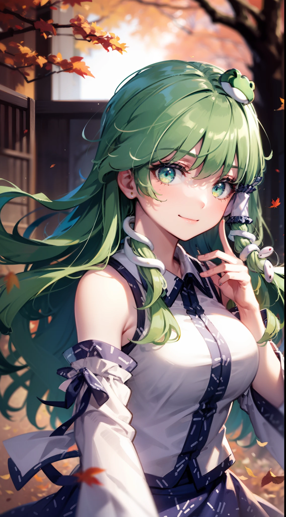 Best Quality,Ultra-detailed,Unity 8k壁纸,extremely details CG,super detailed skin,Detailed,Dynamic lighting,Beautiful detailed eyes,kochiya sanae,happy Smile,Green long hair,Green eyes,frog hair ornament, hair tubes,snake,Detached sleeves,Shirt,Long skirt,autumn leaves,stylish pose,finger to mouth,head tilt