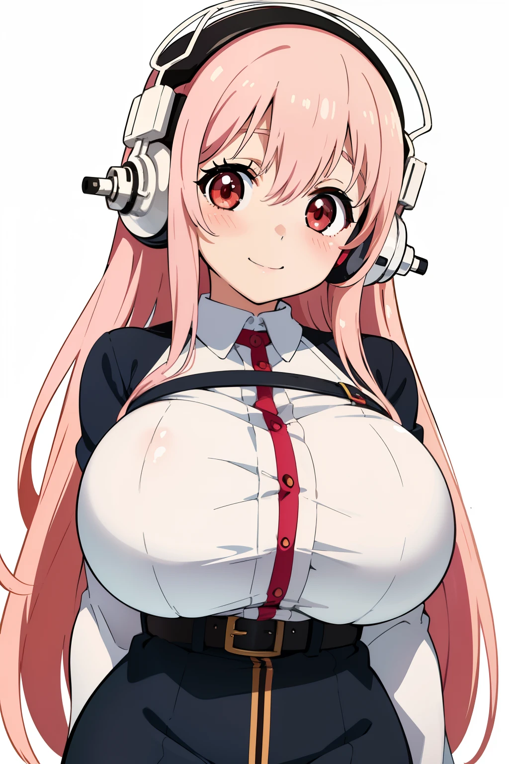 anime cels style, flat color, best quality, high resolution, super sonico, headphones, red eyes, 1girl, beautiful face, (huge breasts:1.2), blush, happy, smile, closed mouth, white background, cowboy shot