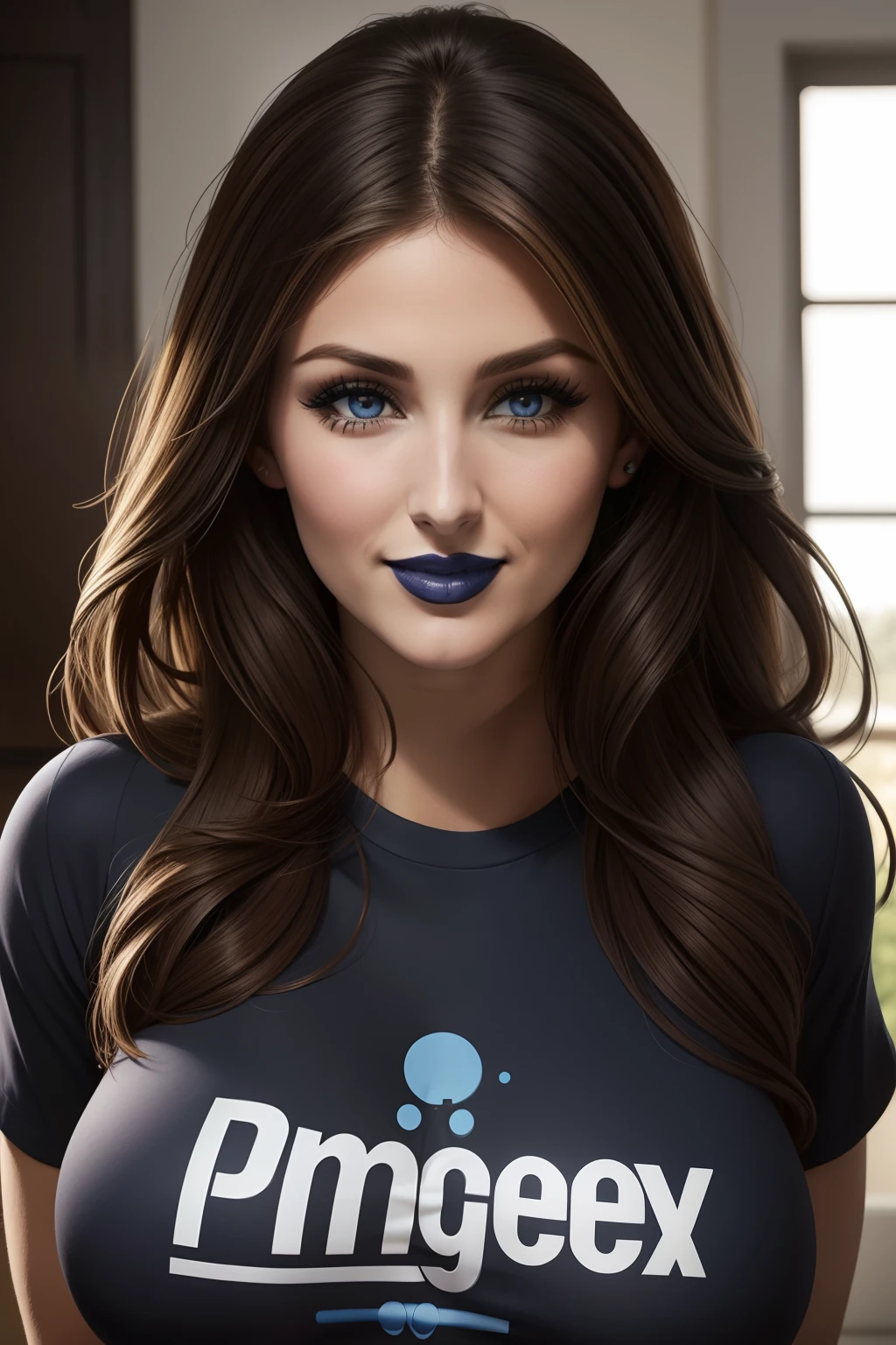 lucy pinder, face portrait, smiling, t-shirt black, blue lipstick