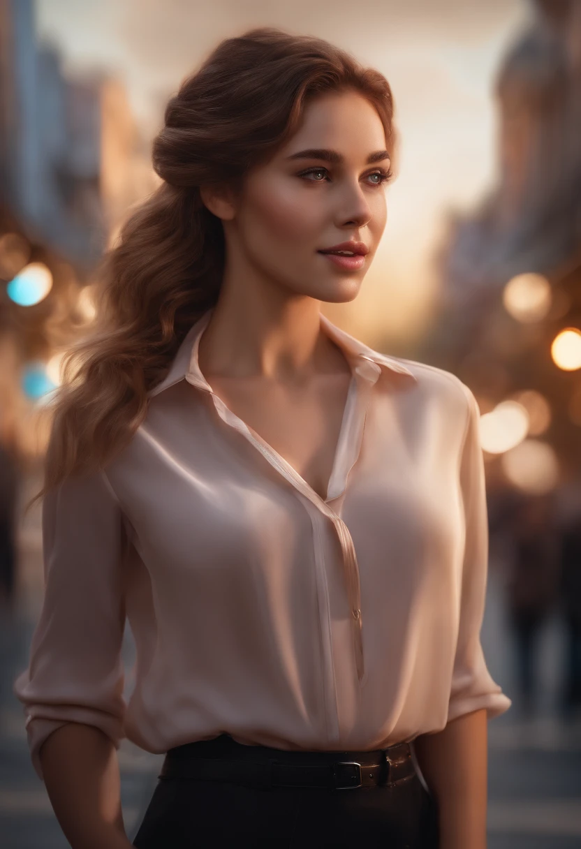 Best Quality, Photorealistic, 1girl in, Woman,(Skindentation), medium breasts⁩, (Bright), (Professional Lighting, Bokeh), (Street), People, Crowds, Braided bangs, (Blouse:1.5), (portait:0.8), Gorgeous, bloom, Floating hair, (Dynamic Pose:0.6) , Soft lighting,