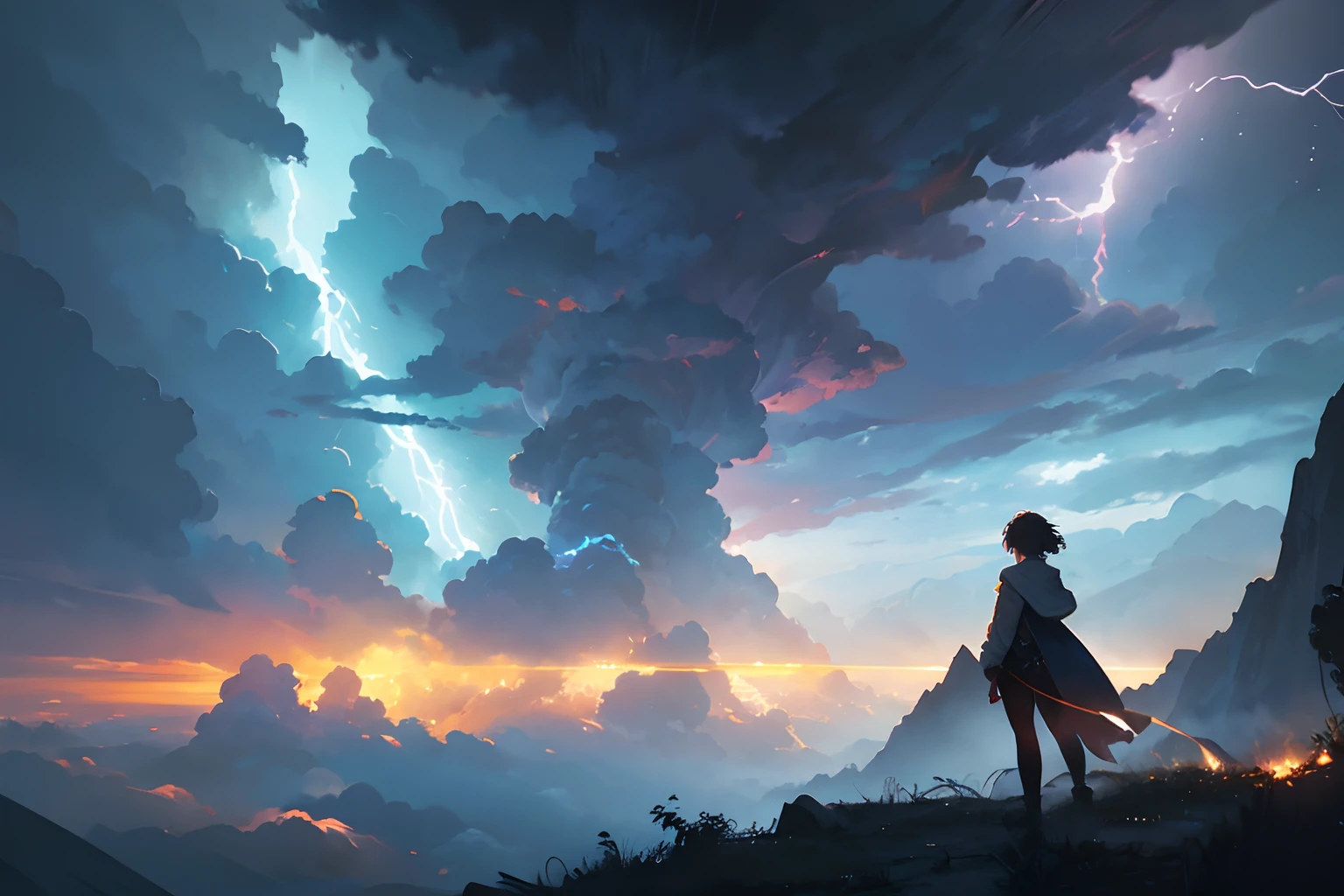 Create exquisite illustrations reminiscent of Makoto Shinkai's style, It has ultra-fine details and top-notch quality. Create an illustration of a majestic and fantastical scene where storm clouds engulf the sky. Lightning races through the clouds, illuminating the darkness with its electric glow. The atmosphere is charged with the raw power of nature, evoking a sense of awe and wonder. The play of light and shadows created by the lightning emphasizes the dynamic and captivating nature of the scene. The overall effect is both grand and mystical, capturing the raw energy and beauty of a thunderstorm.