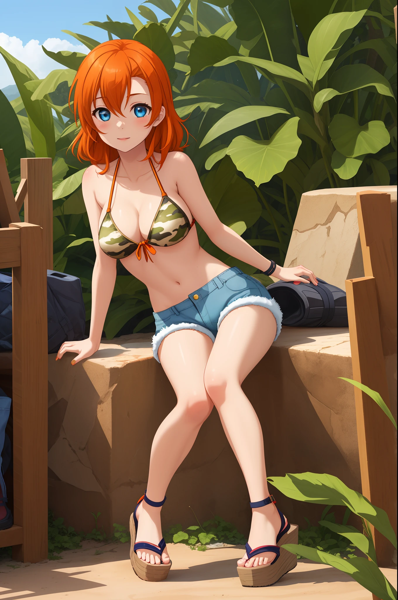 Kousaka honoka, 1girl ,bikini ,bikini top only ,camouflage ,cargo shorts ,female focus ,orange hair , blue eyes ,outdoors ,plant ,sandals ,shorts ,solo ,wedge heels