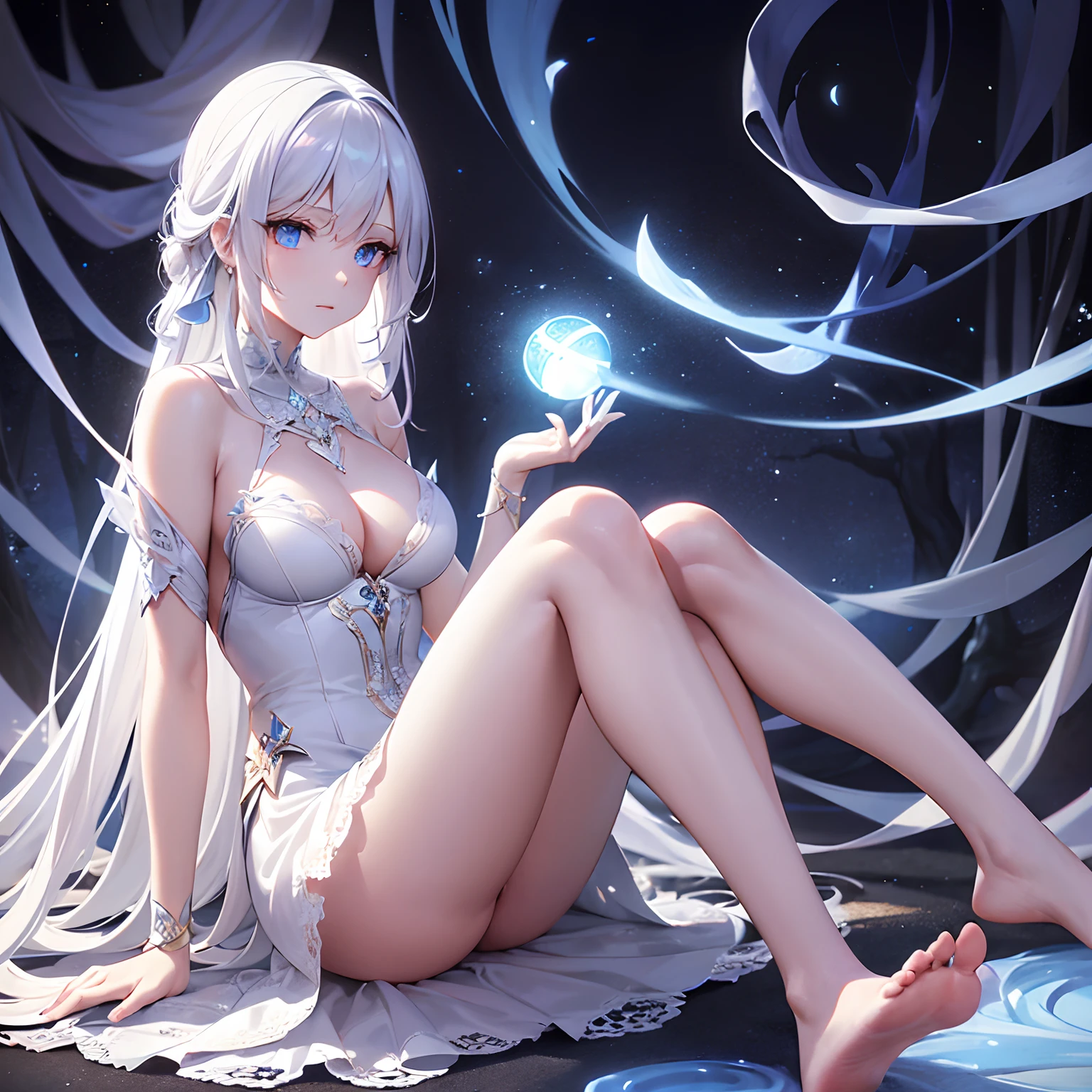 A close-up scene, A woman sitting on the floor holding a luminous magic ball in her hands, White hair, Magic blue eyes, Dark Forest, A magical place, bare feet, Hot Body, Wear a white dress embroidered in gold, a witch dress, Soft cinematic lighting, perfect anatomy, highly detail, hdr, Line, glossy, Dark skin, realistic details