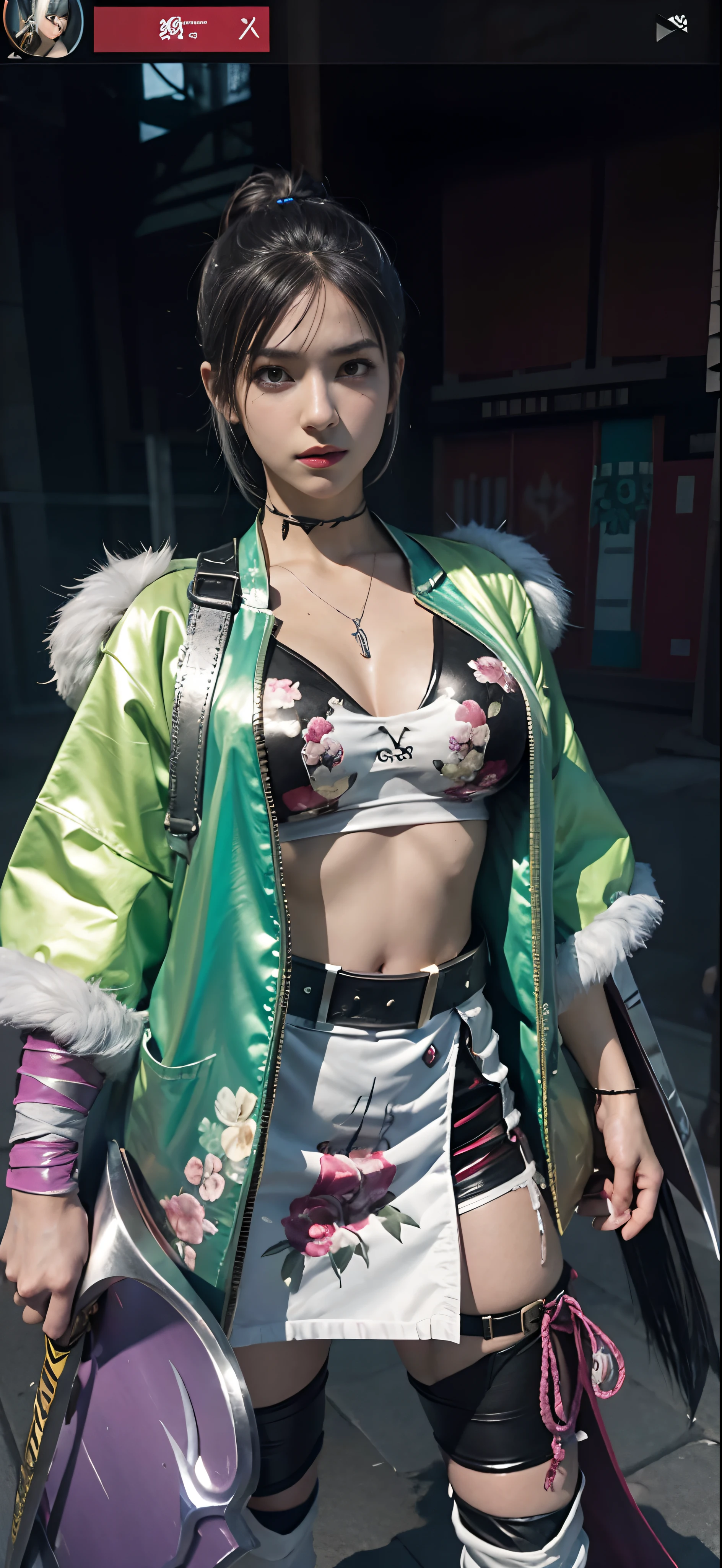 a close up of a person in a costume with a sword, as a character in tekken, female character, tifa lockhart with white hair, katana zero video game character, lunar themed attire, kda, slim body, cyborg - girl with silver hair, upper body avatar, (( medium breast;1.2)), fashion gameplay screenshot, fighting game character, new character, floralpunk elysian maiden, sigma female