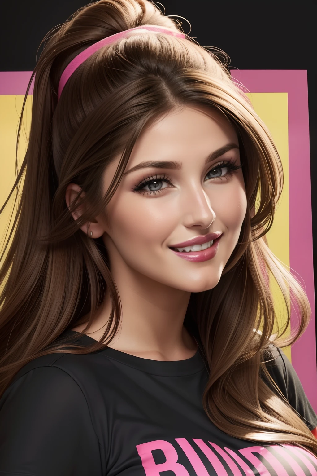 lucy pinder, face portrait, smiling, t-shirt black, pink lipstick.
