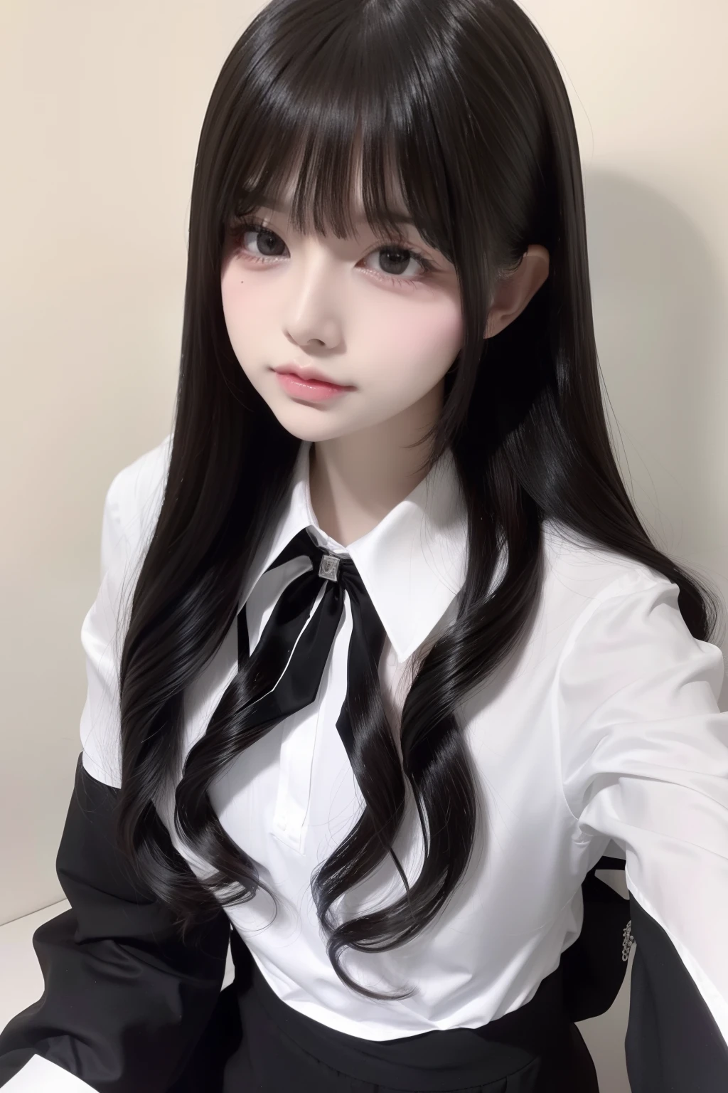 top-quality、8K、32K、​masterpiece、nffsw:1.2)、1girl in、One girl with long hair、Two beautiful Japan women、A dark-haired、Heavy bangs、long sleeved shirt、long hair to the chest、maid clothes、White wall background