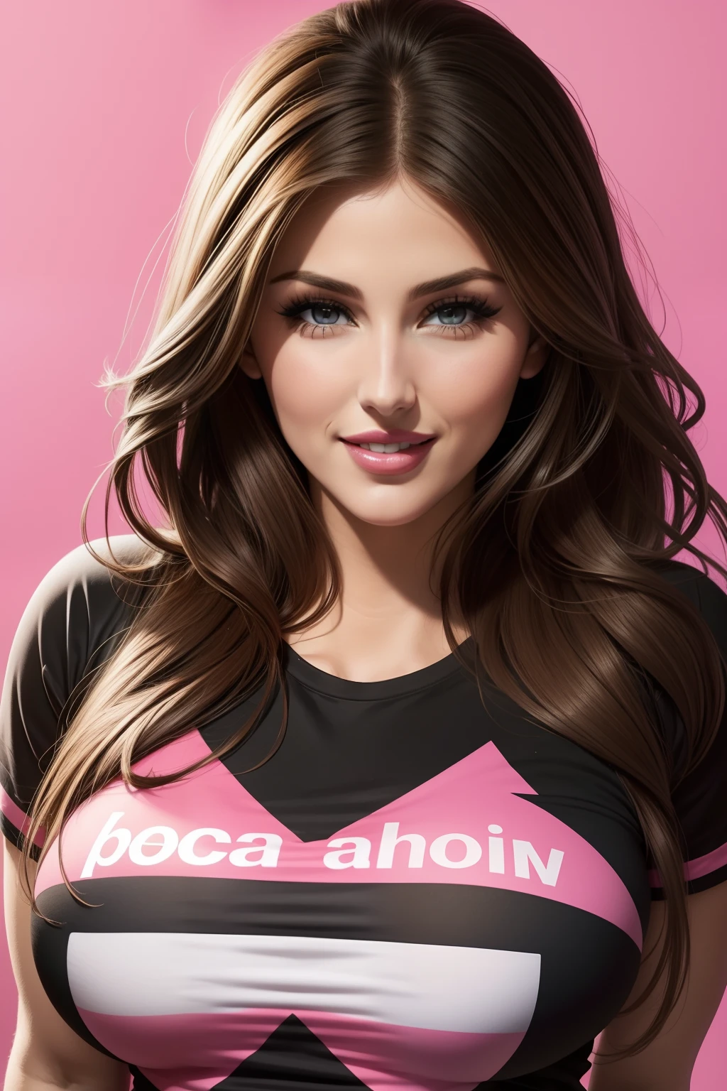 lucy pinder, face portrait, smiling, t-shirt black, pink lipstick.