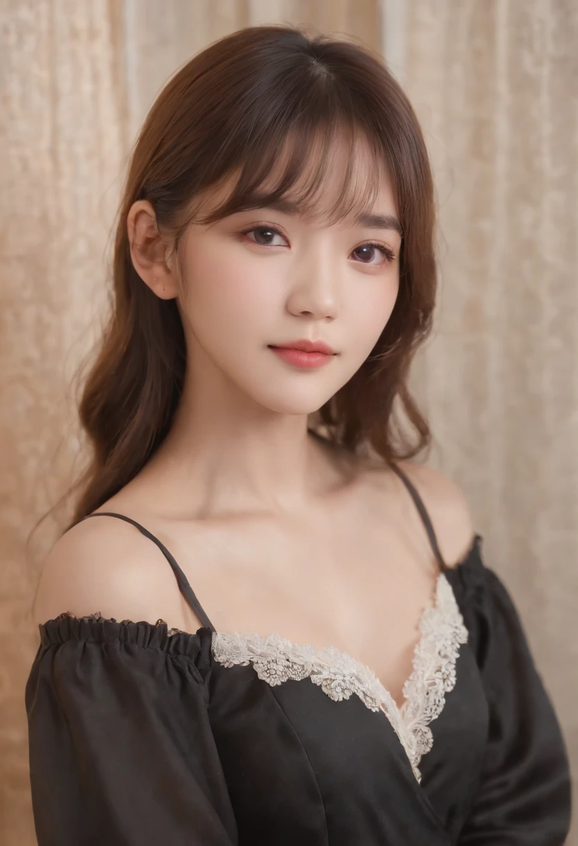 top-quality, Photorealsitic, ​masterpiece, 8K, Hi-Res, 独奏, 1girl in, (((infp young woman))),sixteen years old、full body Esbian、(small tits), ((Look at viewers)), (look at a camera), ((Different hairstyles close to long)）、Perfect straight black hair、(((With bangs)))、 (profetional lighting), Highly detailed bright face、Gentle Japan girl、Lovely smile、Small cleavage、black dress with lace（long-sleeve）、Standing in the room