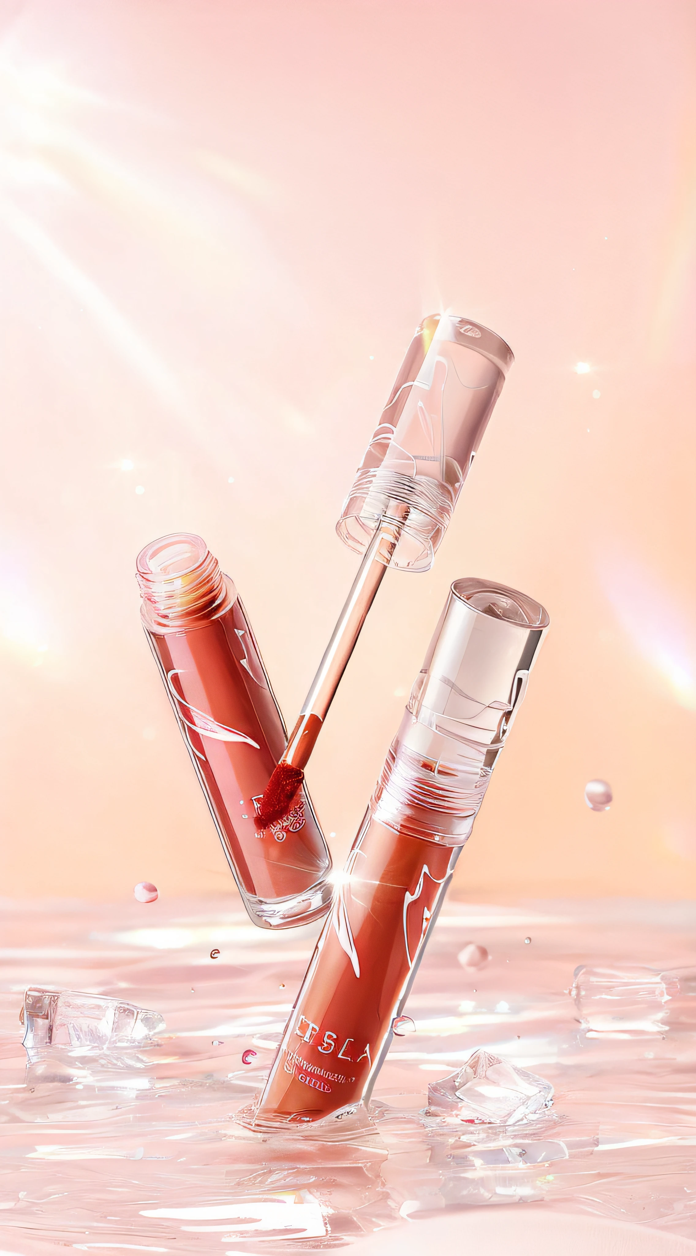 Two lip gloss fall into the water,Pinkish background, Gloss on lips, Glossy, The sheen, the essence, Glossy lips, Glossy glossy skin, liquid high glossy, The sheen, lipstick, Full, shiny lips, caramel, new design, Glossy glossy skin, Makeup, High quality details, glossy plastic, Inject the Northern Lights, High gloss, Femme, Glossy design