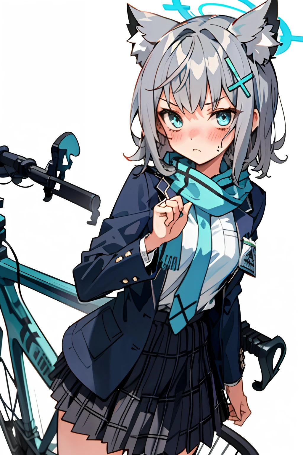 Shiroko (blue archive) One girl with short hair and uniform, looking at camera, angry face, blushing, tsundere, medium breast, hands behind back, look a underpant, unpants, classroom, best quality, high quality,