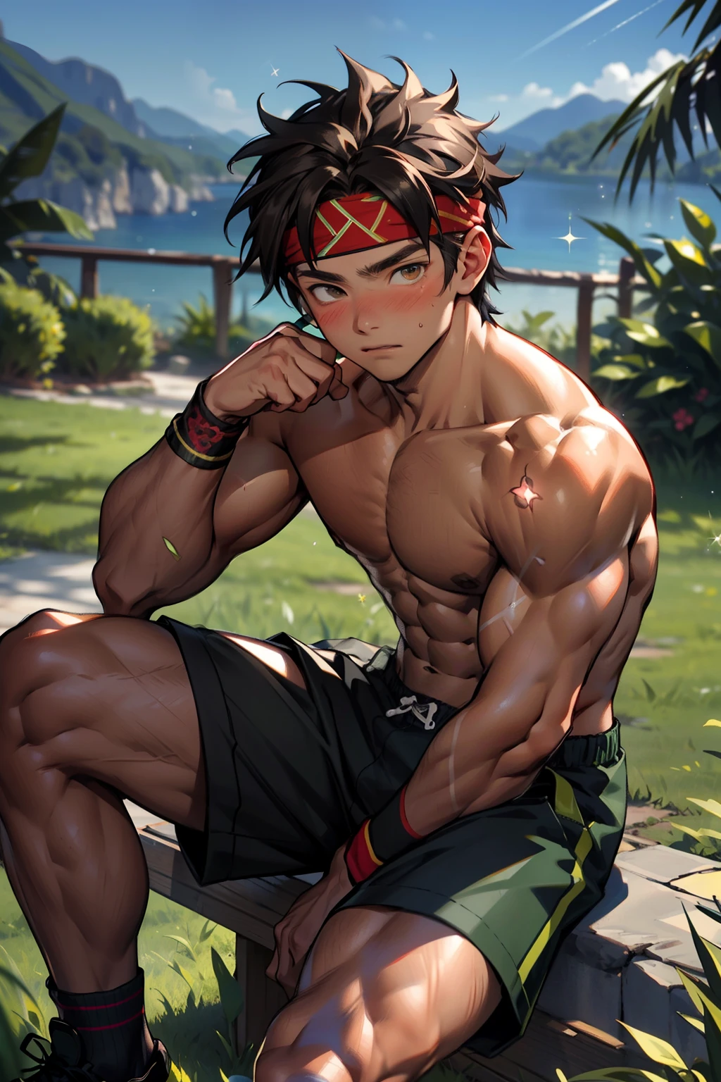 (Masterpiece, Best quality boy,Shota), 1boys, Young,Muscular, Short hair, with brown eye, Intricate, Grass, full bodyesbian, Shirtless, Muscles sparkle in the sun,Black shorts, green headband, Vivid colors,(Depth of field:1.2),(Abs),Blush, view the viewer, Sit on grass,