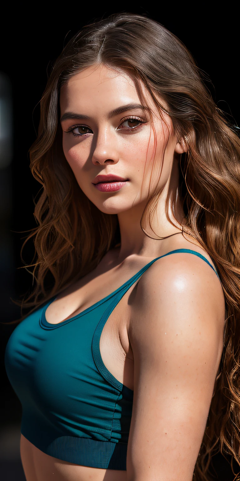 Full face portrait photo of 25 year old European girl, RAW, beautiful woman, semi-open strawberry lip, dimples, wistful expression, (brown hair with extra long wavy), ((detailed face)), ((detailed facial features)), (fine detailed skin), pale skin, cyberpunk megacity environment, (cool color), moist, damp, reflection, (masterpieceShot with Canon EOS R5 (detail) (Realistic photos) (Detailed details) 50mm lens, f/2.8, HDR, (8k) (wallpaper) (cinematic lighting) (dramatic lighting) (sharp focus) (complex), RAW photography, RAW photography, gigachad photography, camera pose, black jeans, back arm, 8k uhd, dslr, high quality, Grain Film, Fujifilm XT3, Film Stock Photo 4 Kodak Portra 400 Camera F1.6 Lens Rich colors Ultra-realistic textures Dramatic lighting Unreal Engine Art Station Trends Cinestill 800 Tungsten, Toughboy Style, Ultra Focus Face, Intimidating, Fighting Position, Short Messy Hair, Muscles, Bursting Veins, Beads, (( blue camisole crop top)),
