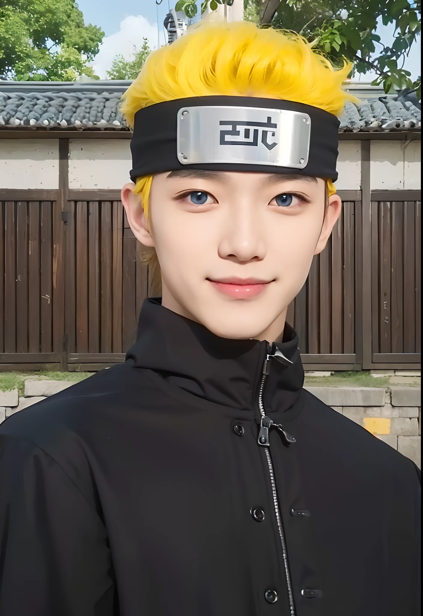 Real life adaption of this character, Korean man face, Realistic blue eyes,((realistic Messy hair)),wear realistic headband , realistic same outfit, hyper realistic, realism, realistic light, realistic shadow,(photorealistic:1.2),a bit smile