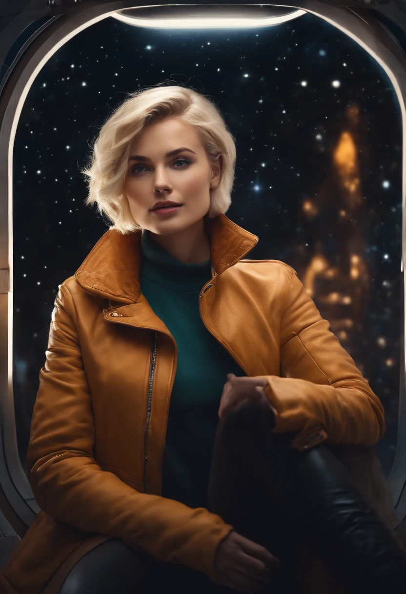 A sexy young blonde woman with short hair and warm clothes sits on a seat in a spaceship and the window can show beautiful stars, Beautiful and perfect