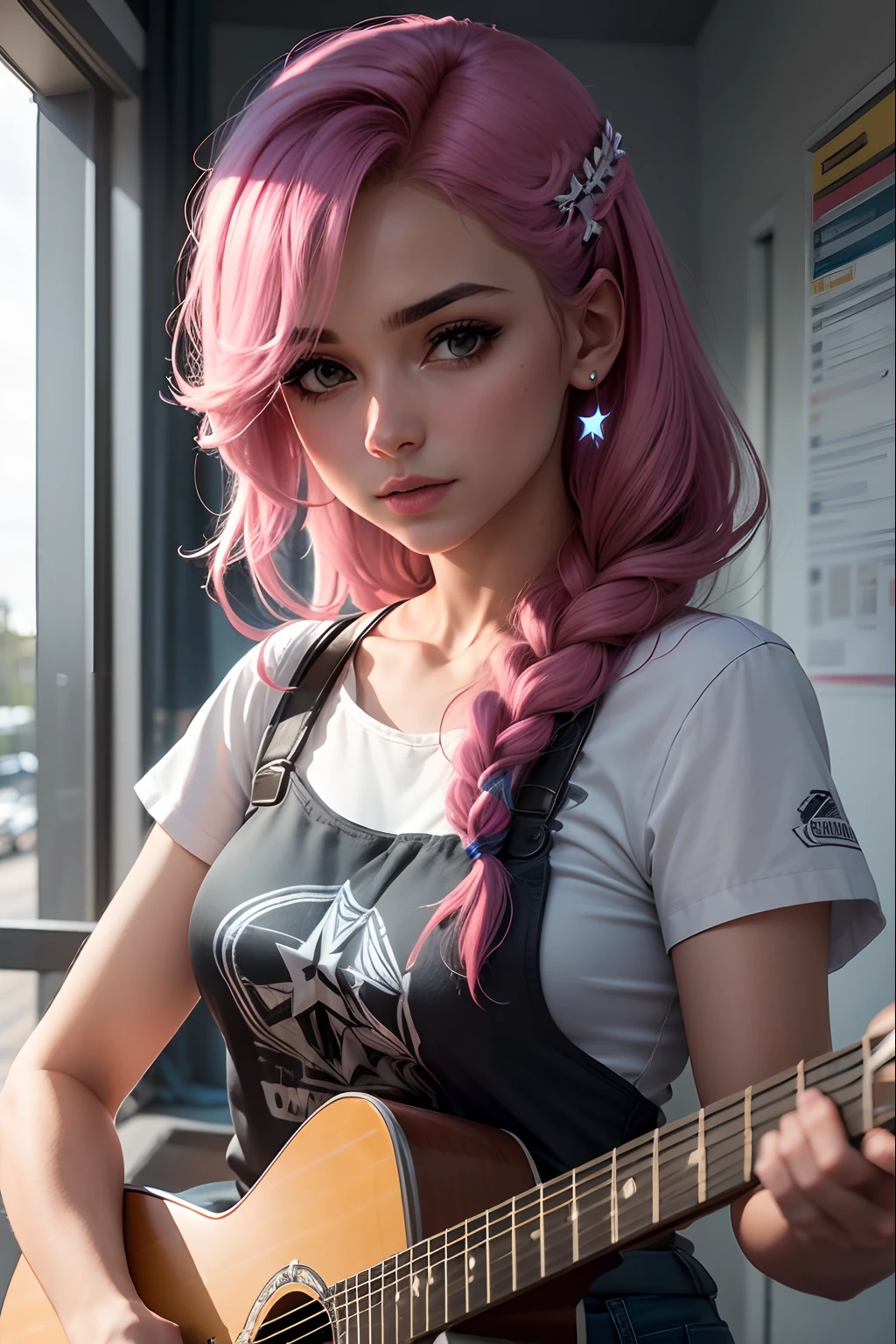 Mulher, guitarrista, tocando guitarra, (extremamente detalhado CG unidade 8k papel de parede),(master part), (melhor qualidade), (ultra-detalhado), (best illustration),(melhor sombra), cowboy shot, (Sharp eyeliner, sombra, olhos detalhados:1), Fundo da cidade, ,quebrar , (star15escola:1.2), ornamento de cabelo