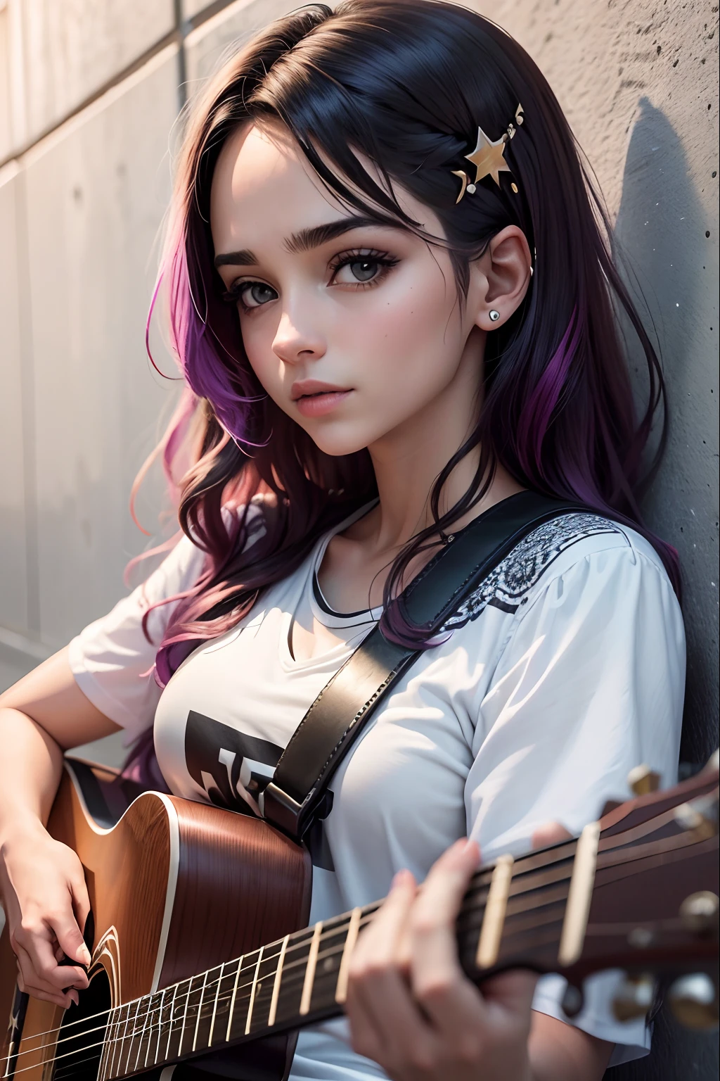 Mulher, guitarrista, tocando guitarra, (extremamente detalhado CG unidade 8k papel de parede),(master part), (melhor qualidade), (ultra-detalhado), (best illustration),(melhor sombra), cowboy shot, (Sharp eyeliner, sombra, olhos detalhados:1), Fundo da cidade, ,quebrar , (star15escola:1.2), ornamento de cabelo