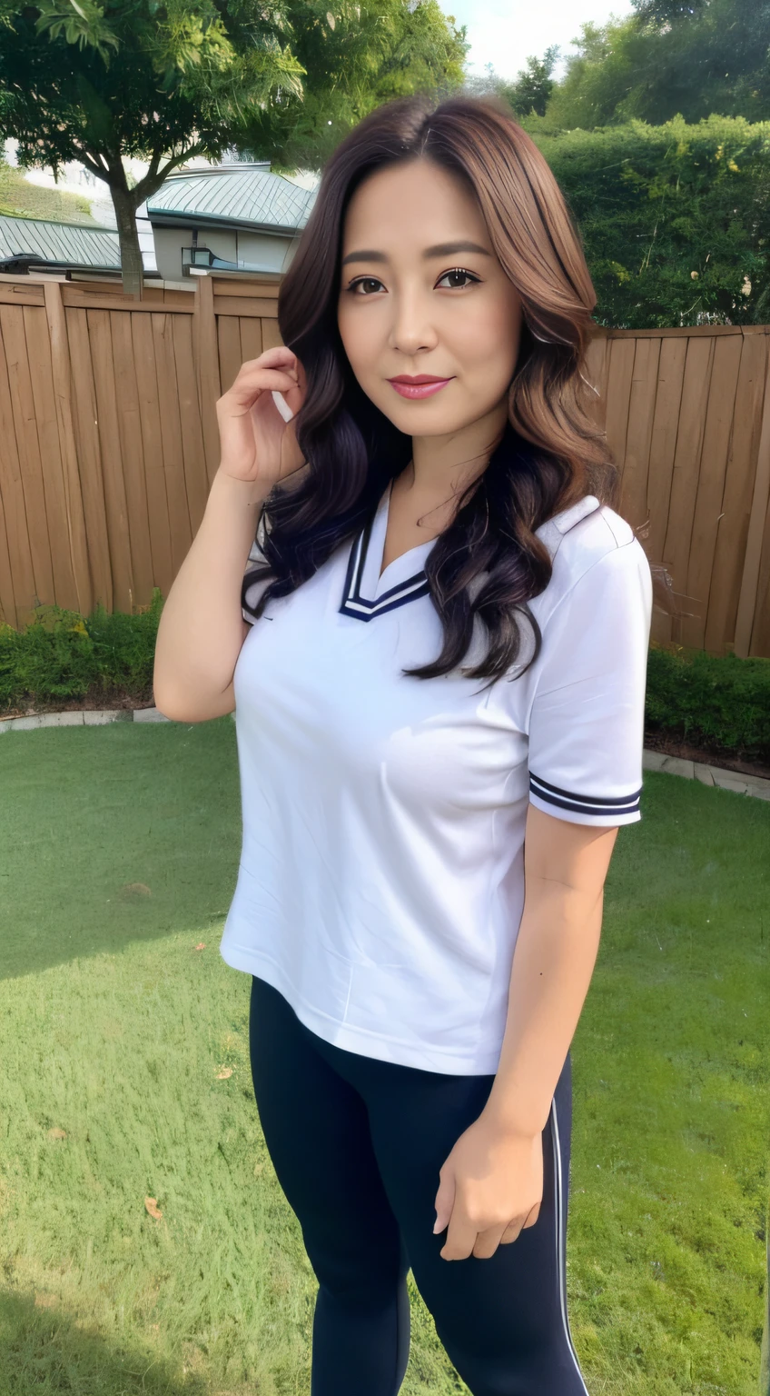 ((midynight, Need, 8K, tmasterpiece:1.3)), full bodyesbian, Long legs, Focalors:1.2, perfect figure beautiful woman:1.4, ((Dark brown hair)), (gym_uniform, standing on your feet:1.2), ((sobu)), Highly detailed facial and skin texture, A detailed eye, 二重まぶた,Beauty,Wavy hair, Wrinkles at the corners of the eyes, to emphasize, ,(Big breasted 1.2),aged 40, Wrinkled eyes,