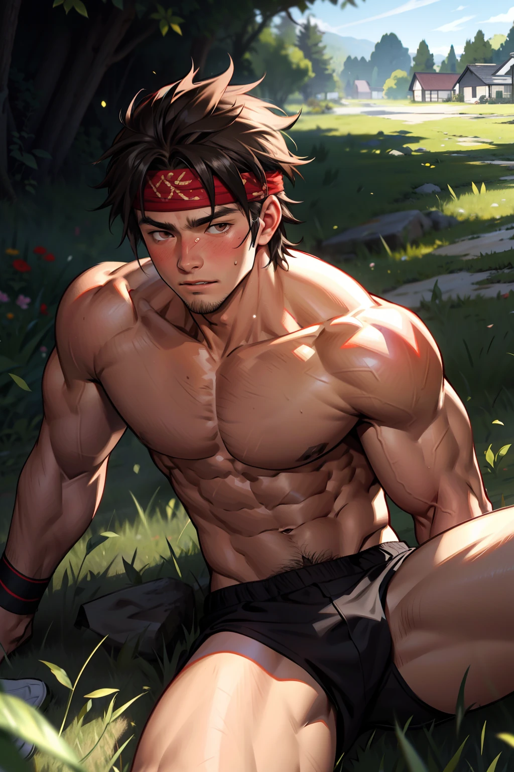 (Masterpiece, Best quality 12 year old boy,Shota), 1boys, Young,Muscular, Short hair, with brown eye, Intricate, Grass, full bodyesbian, Shirtless, Muscles sparkle in the sun,Naked boy,(toddlers),Black underwear, red headband, Vivid colors,(Depth of field:1.2),(Abs),Blush, view the viewer, lying on the grass ground,Being sexually assaulted