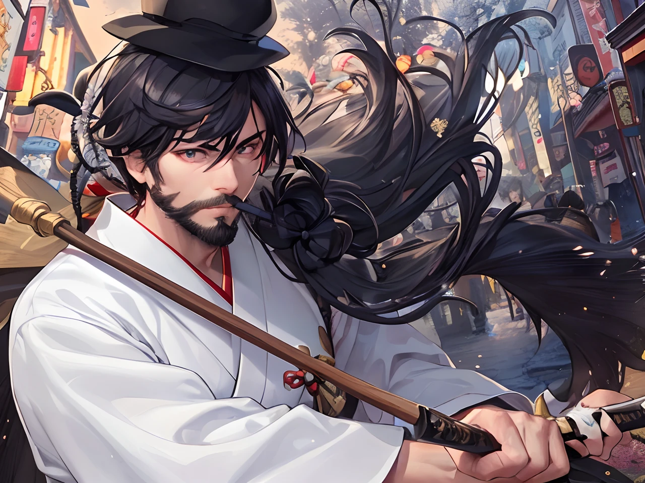 superfine illustration, very detailed beautiful face and eyes, Dynamic Angle, Head-to-knee display, Man holding a wooden sword in the streets of Edo, Man in a snow-white Japan kimono, Wearing a black vertical hat, With a short wooden stick, Men with very short black hair, Beard in the mouth