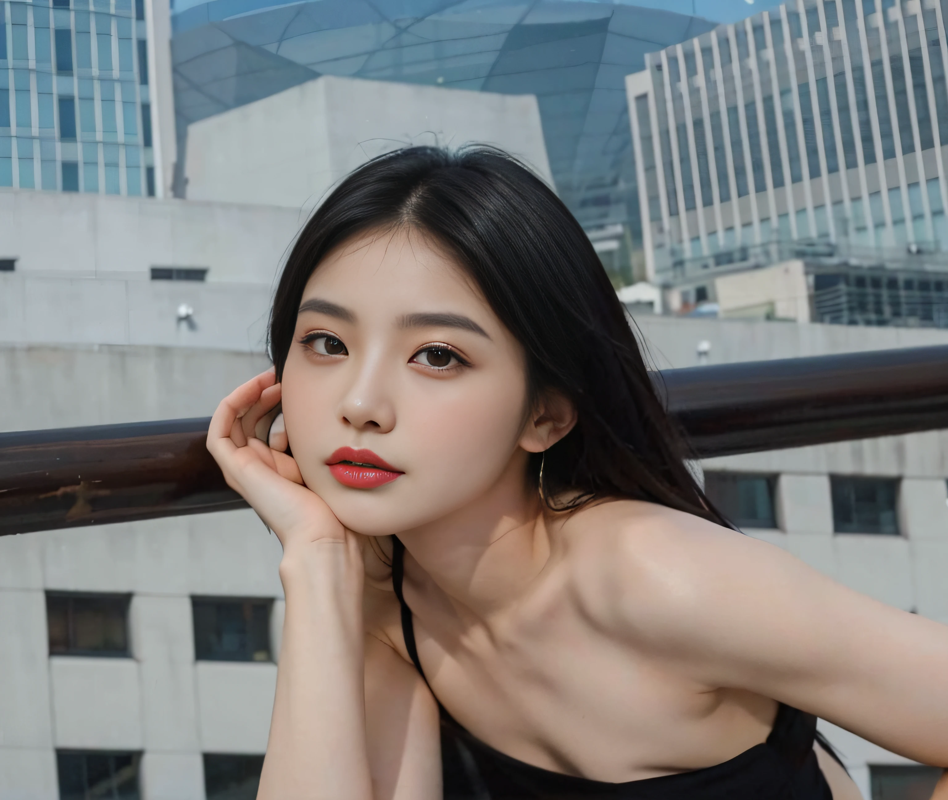 There was a woman in a black dress, beautiful Korean women, A young Asian woman, Gorgeous young Korean woman, An Asian woman, Korean woman, Beautiful young Korean woman, she is wearing a black tank top, Choi Hyun-hwa, Korean girl, xintong chen, Attractive pose, Young Asian woman, wenfei ye, Asian women