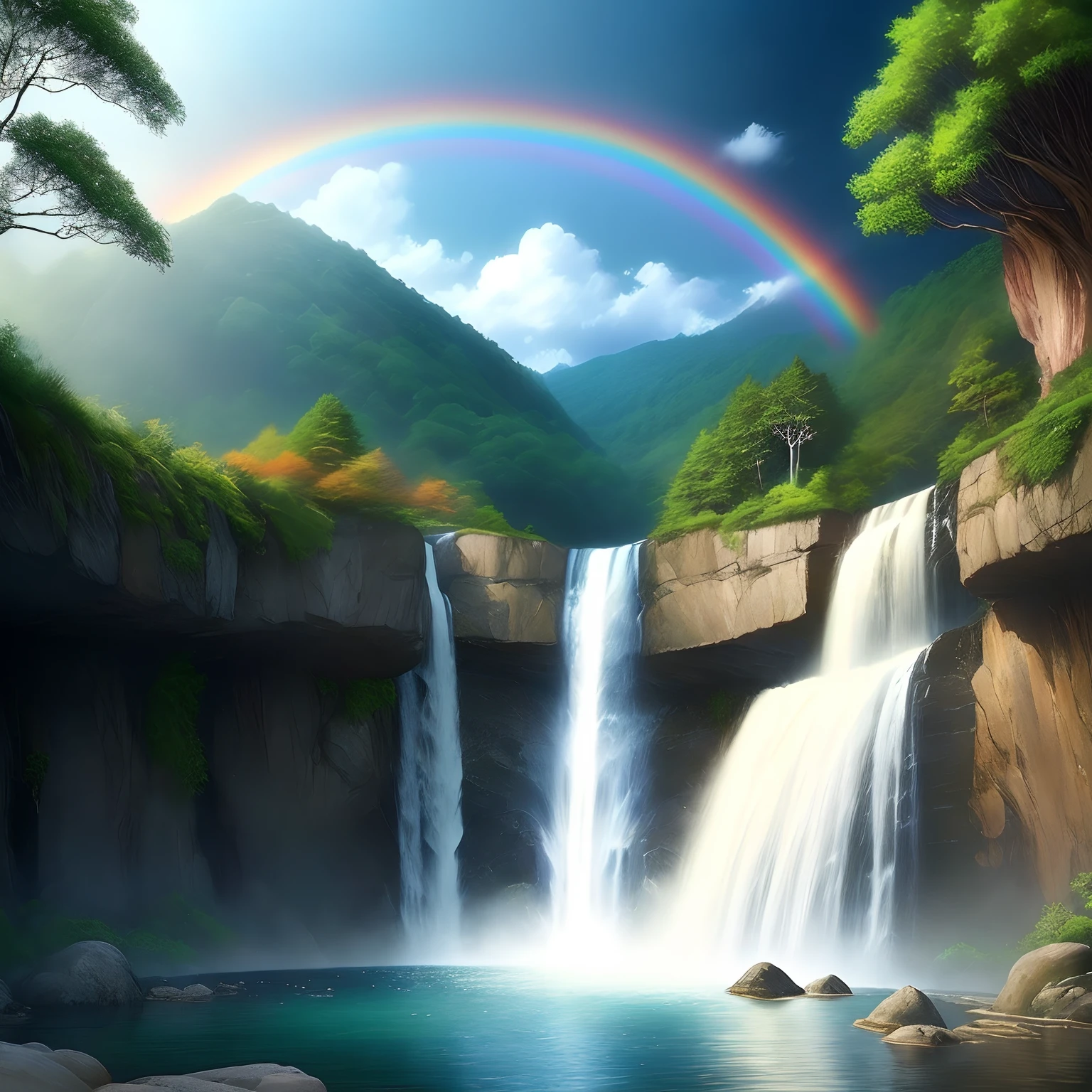 waterfallr、Overflow、No Man、mystical landscapes、Uncharted、Colorful rainbows、Shining light、Big rainbow、Angel spots、Falling light、is very beautiful