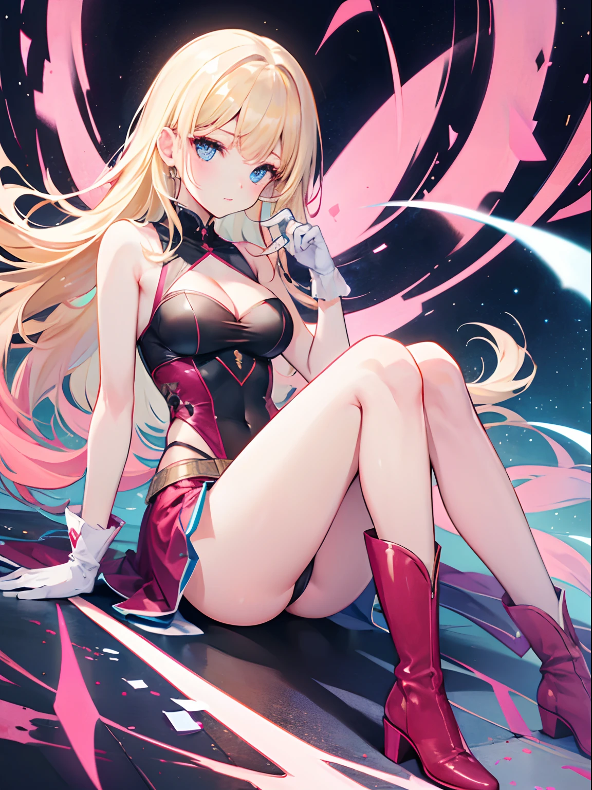 ((masterpiece)), ((best quality)), ((highres)), 1girl, solo, bare legs, matching boots, sleeveless, looking at viewer, long and delicate, 23 year old, perfect hands, perfect eyes, perfect legs, perfect arms, perfect fingers, medium breasts, spinning, blonde hair, long hair, knee boots, blue eyes, hair down, bangs, sleeveless, pink gloves, pink footwear, cleavage, superhero, delicately spinning around, spinning, cute posture
