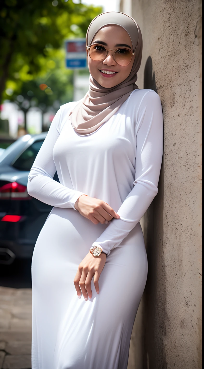 1 malay woman in hijab,((wear tight white baju kurung with small floral pattern)),(big buttocks), big round ass, Small chest, laughing smile, (hijab flying), de pele branca,big breasts thin waist, mexico-style street, Hyper-Realism, Cinematic lighting, depth of fields, From back below, vanishing point, F/2.8, Anatomically correct, Textured skin, Super Detail, awardwinning, Best Quality, hight resolution,