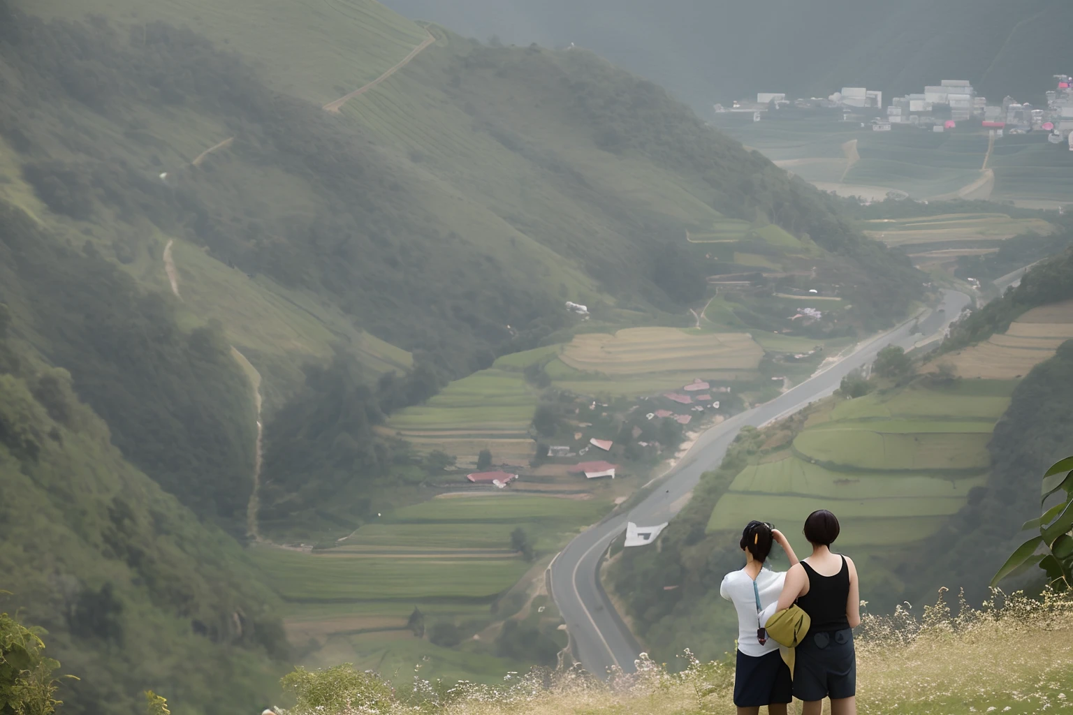 there are two women standing on a hill looking at a valley, far view, overlooking a valley, scenic view, looking at the mountains, far shot, long shot view, hills in the background, looking down on the view, distant view, korean countryside, far - view, high quality upload, tourists in background, vietnam, scenery, viewed from very far away