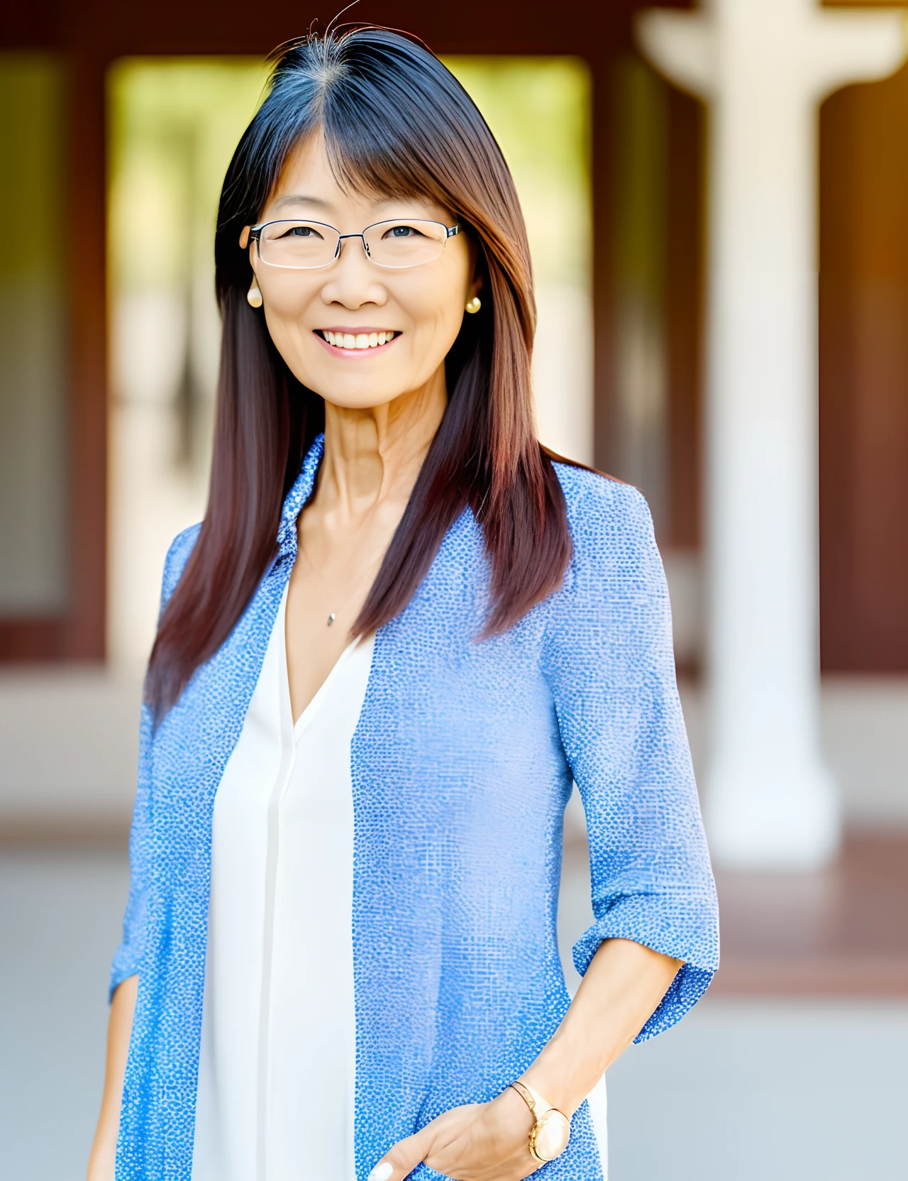 Middle age pretty Asian woman long hair with bang and glasses , kind friendly happy looking, standing