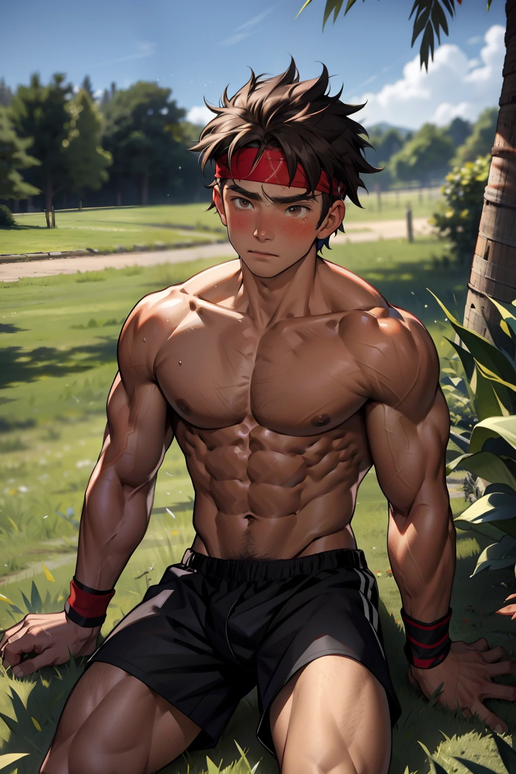 (Masterpiece, Best quality 12 year old boy，Shota), 1boys, Young,Muscular, Short hair, with brown eye, Intricate, Grass, full bodyesbian, Shirtless, Muscles sparkle in the sun,Naked boy,((toddlers))，Black underwear,  Red headband, Vivid colors,(Depth of field:1.2),(Abs),Blush, view the viewer, lying on the grass ground，Being sexually assaulted