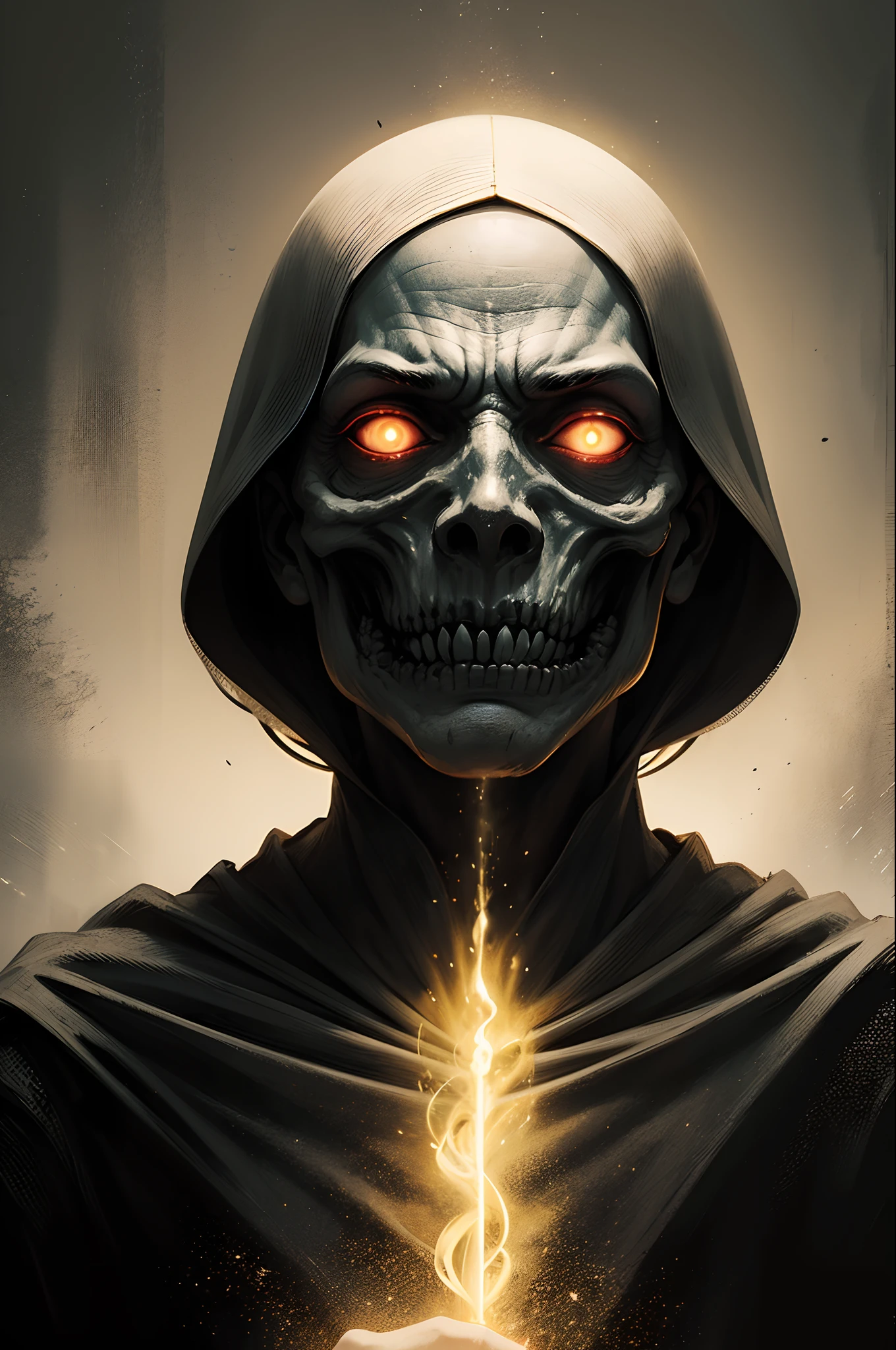 (8k, extremely high-resolution, obra-prima))), generate a high-resolution image of a wraith, A malevolent spirit that roams the mortal realm in search of souls to claim.The Wraith must be covered in a black cloth with gold accents, his face covered around him, a nerve like this, he must be holding a flashlight, tricked, a golden light