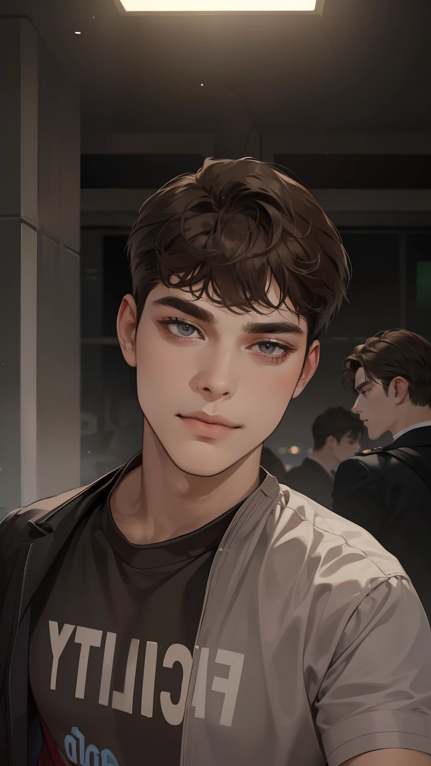 masterpiece, best quality, realistic, 1man, mature male, quiet and charming young man, 25 years old, close his eyes, serious look, extremely detailed face, ((dark grey eyes)), ((short-right-swept dark brown hair)), [thick eyebrows], detective, int the city, ((suit)), cinematic lighting, looking at the audience, posture dynamics, smirk