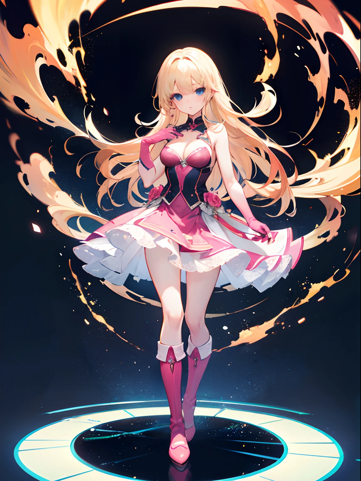 ((masterpiece)), ((best quality)), ((highres)), 1girl, solo, bare legs, matching boots, sleeveless, looking at viewer ,standing leaning, long and delicate, 23 year old, perfect hands, perfect eyes, perfect legs, perfect arms, perfect fingers, medium breasts, spinning, blonde hair, long hair, knee boots, blue eyes, hair down, bangs, sleeveless, pink gloves, pink footwear, cleavage, superhero, delicately spinning around, spinning, cute posture