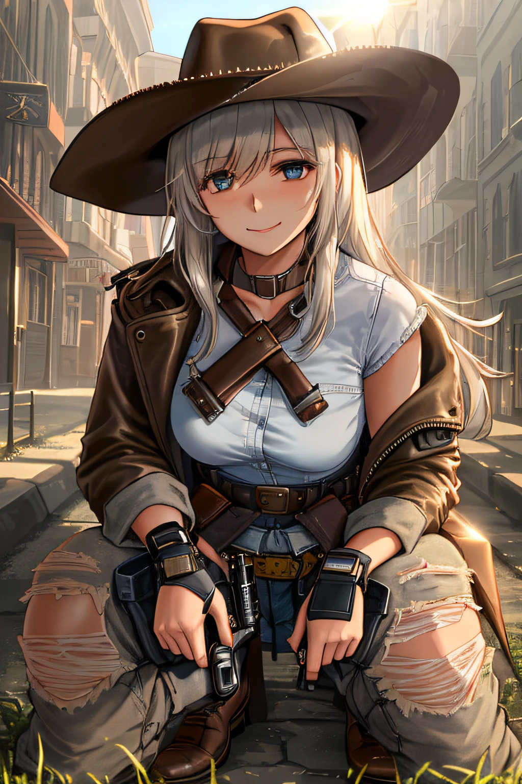 Townscape of the Wild West,Wasteland,Gunslinger Costume,Short leather jacket with open front,Torn and tattered white shirt,Torn and tattered damaged jeans,(Wrap the gun belt around your waist:1.3),(gun holster:1.3),Equipped with a Winchester M73 rifle on her chest,Cowboy Hat,(Generate globally beautiful women images,Especially while reflecting elements of Western beauty,Woman with natural smile and attractive expression,Transparent skin,sparkle in eyes,Expresses an elegant atmosphere,(in 8K, Raw photo, Best Quality, masutepiece),Sunlight ,Cinematic lighting,(Realistic, Photorealsitic),,(crouching down:1.3),