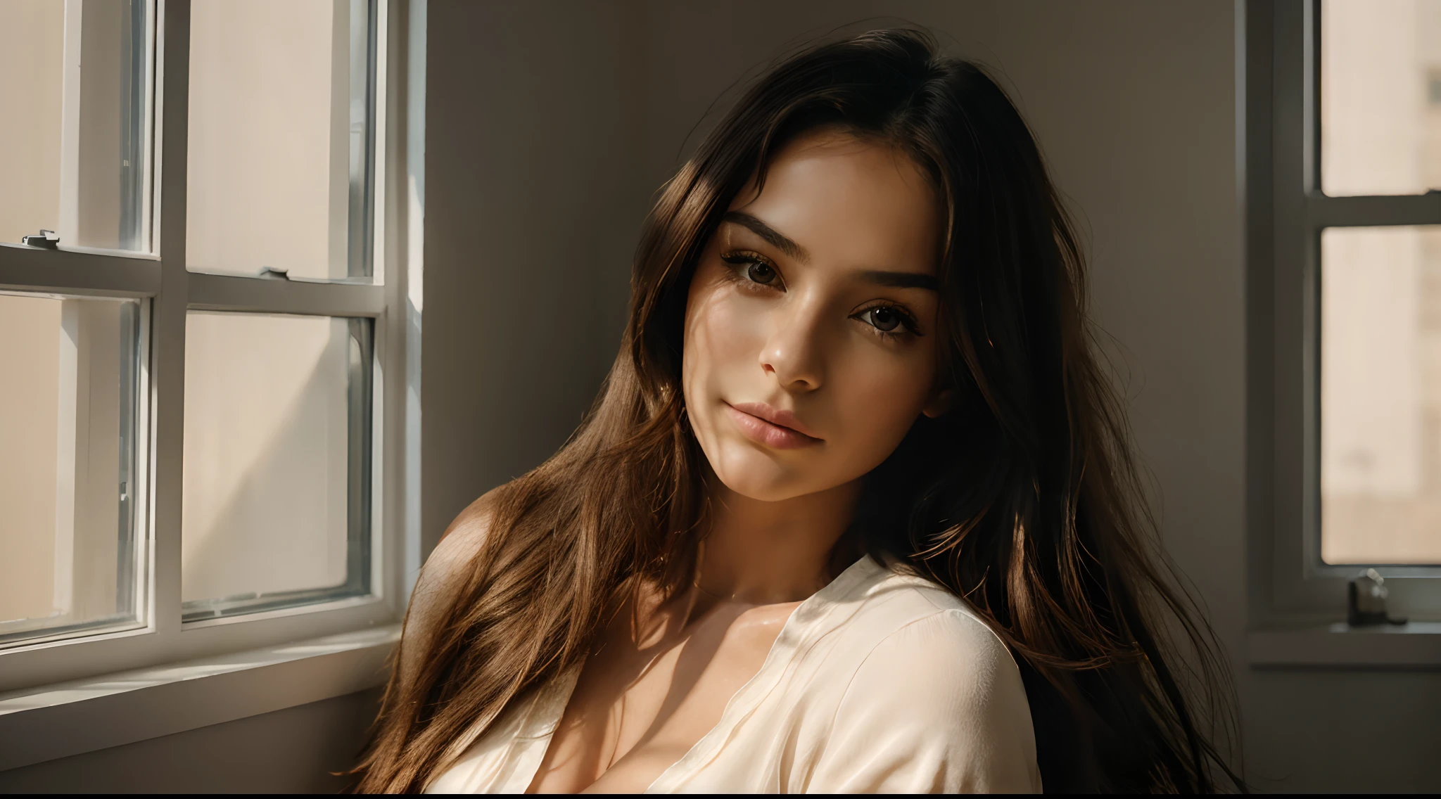 arafed woman with long hair looking out a window, medium portrait soft light, soft portrait shot 8 k, portrait soft light, beautiful portrait lighting, portrait soft low light, beautiful soft lighting, photo of a beautiful woman, beautiful portrait photo, portrait of a beautiful model, medium portrait top light, gorgeous soft lighting, 7 0 mm portrait, 60mm portrait