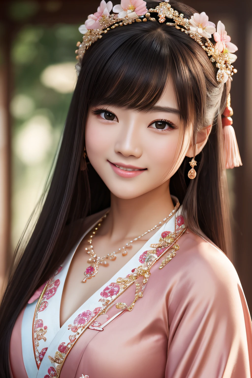 Superb quality, masutepiece, High resolution, 1girl in, blush, (Seductive smile: 0.8), Star pupil, Chinese Hanfu, Hair Accessories, Necklace, Jewelry, Beauty, SUI_Body, Tindall Effect, Realistic, shadow room, Light Edge, Two-tone lighting, (High Detail Skin: 1.2), 8K UHD, SLR, Soft light, High quality, Volume Lighting, candid picture, High resolution, 4K, 8K, Background blur, Real person