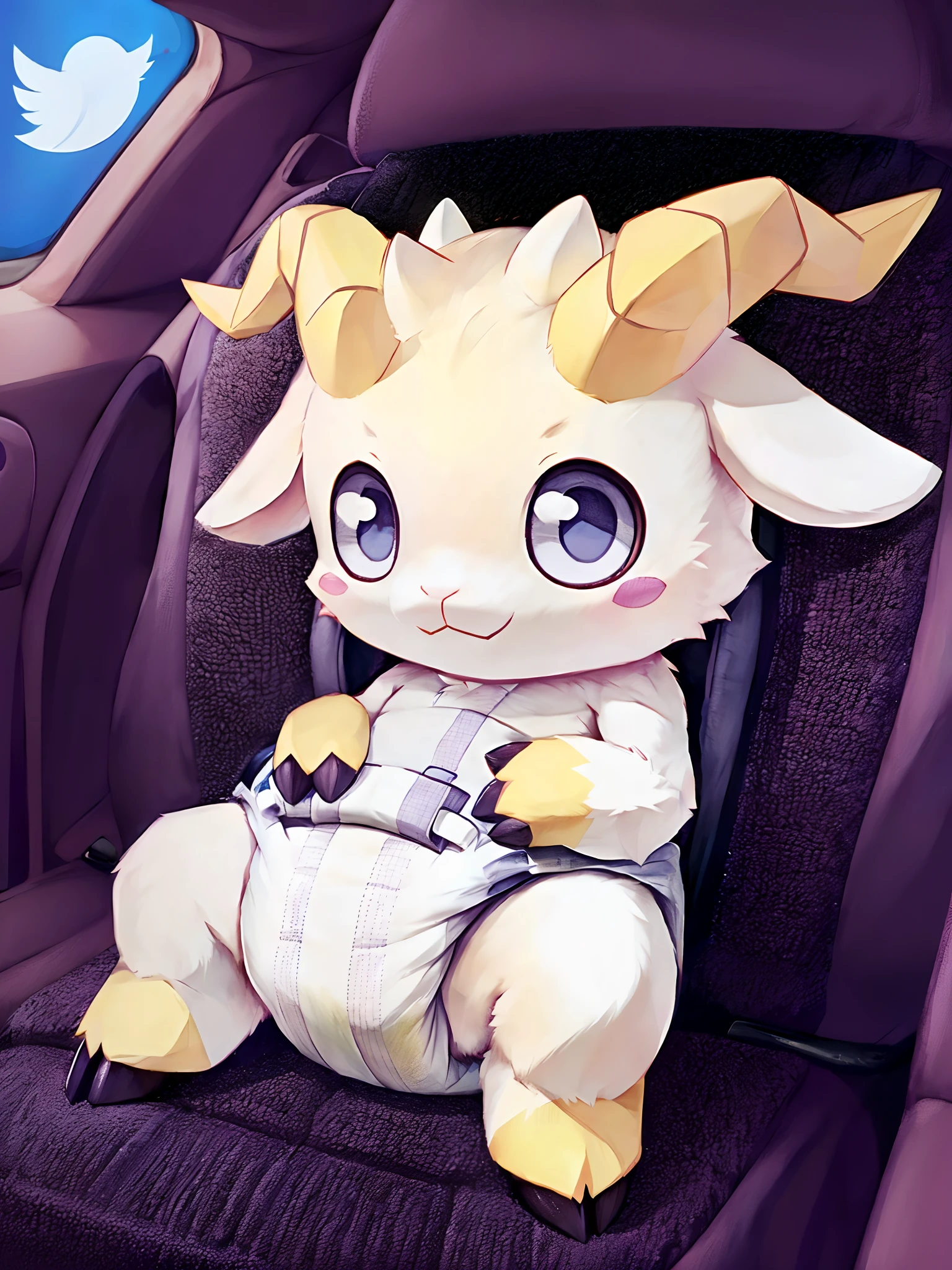 ((by wadorigi on Twitter)(solo goat)), digimon, anthropomorphic , chibi, cute, fur,   diaper , shirtless, very small legs , thin legs, small arms, hooves,  ((sit on  baby car seat)).