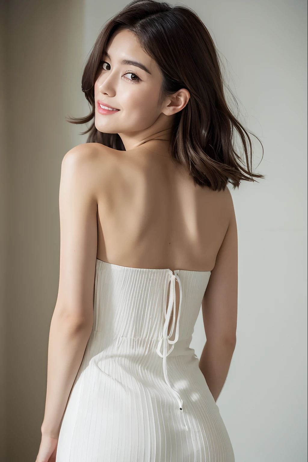 ((best qualtiy, 8K, tmasterpiece:1.3)), Focus:1.2, perfect figure beautiful woman:1.4, Cocked buttocks:1.2, ((Cut hair in layers:1.2)), (medium tits),(Bandeau dress:1.5), Highly detailed facial and skin texture, A detailed eye, 二重まぶた,Whiten skin,long whitr hair,(Keep one's mouth shut:1.3),ssmile