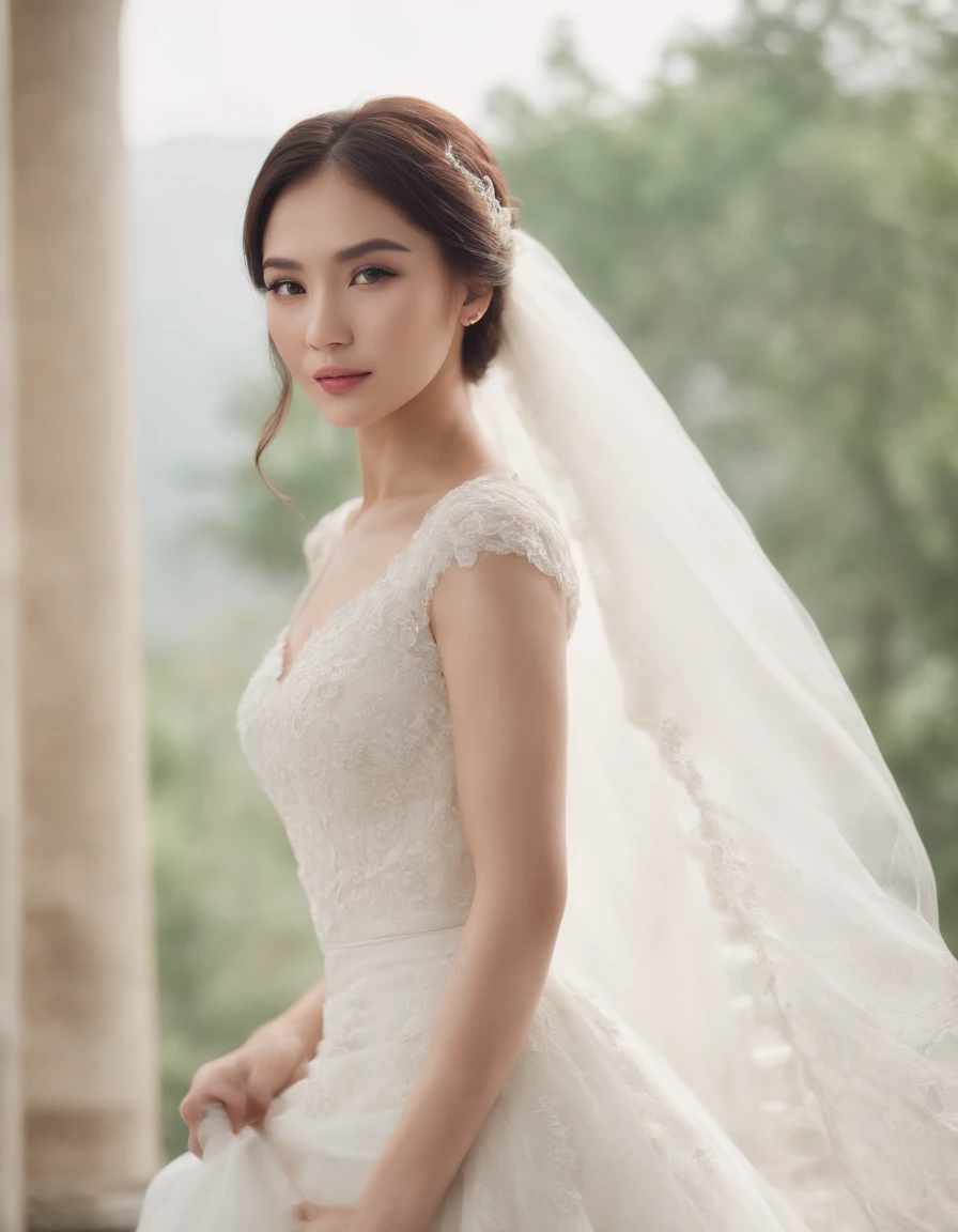 potrait, Best quality, masterpiece, ultra high res, beautiful indonesian women 25 years old, black hair,, wearing white long bridal, europe style , nude, full body, very feminine and attractive, stand on hallway classic building, with classic lamp, europe building style, depth blur, bokeh, classic cinematic grading, fantasy pose, dynamic pose, f 2.8 85mm lens