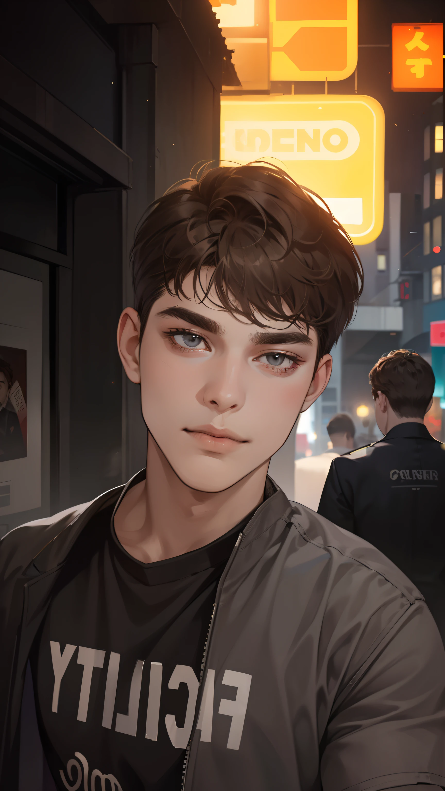 masterpiece, best quality, realistic, 1man, mature male, quiet and charming young man, 25 years old, close his eyes, serious look, extremely detailed face, ((dark grey eyes)), ((short-right-swept dark brown hair)), [thick eyebrows], detective, int the city, ((suit)), cinematic lighting, looking at the audience, posture dynamics, smirk