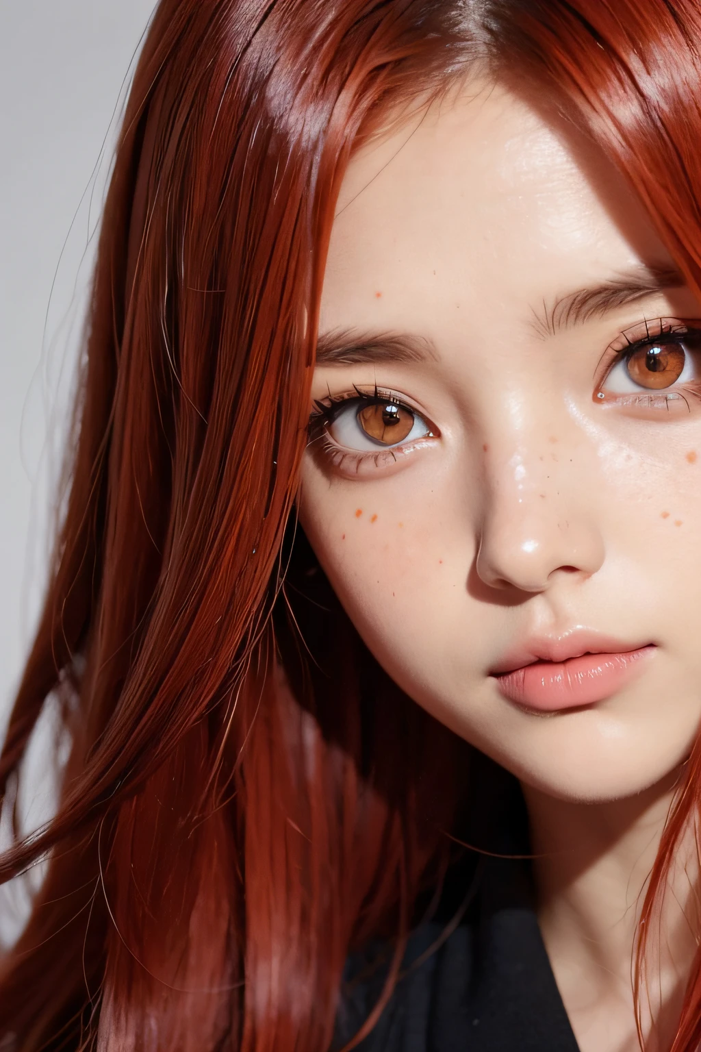 masutepiece, Best Quality, {Best Quality}, {{masutepiece}}, {hight resolution}, Focus, Anime style, Close-up of a female cartoon, Girl Design, Portrait, Gisha, anime image, Long hair, Red hair, redhair, Straight eyes, Sleek and powerful look, Exotic, tall, freckle, Cheerful, Casual chic outfit, Colorful, Colors